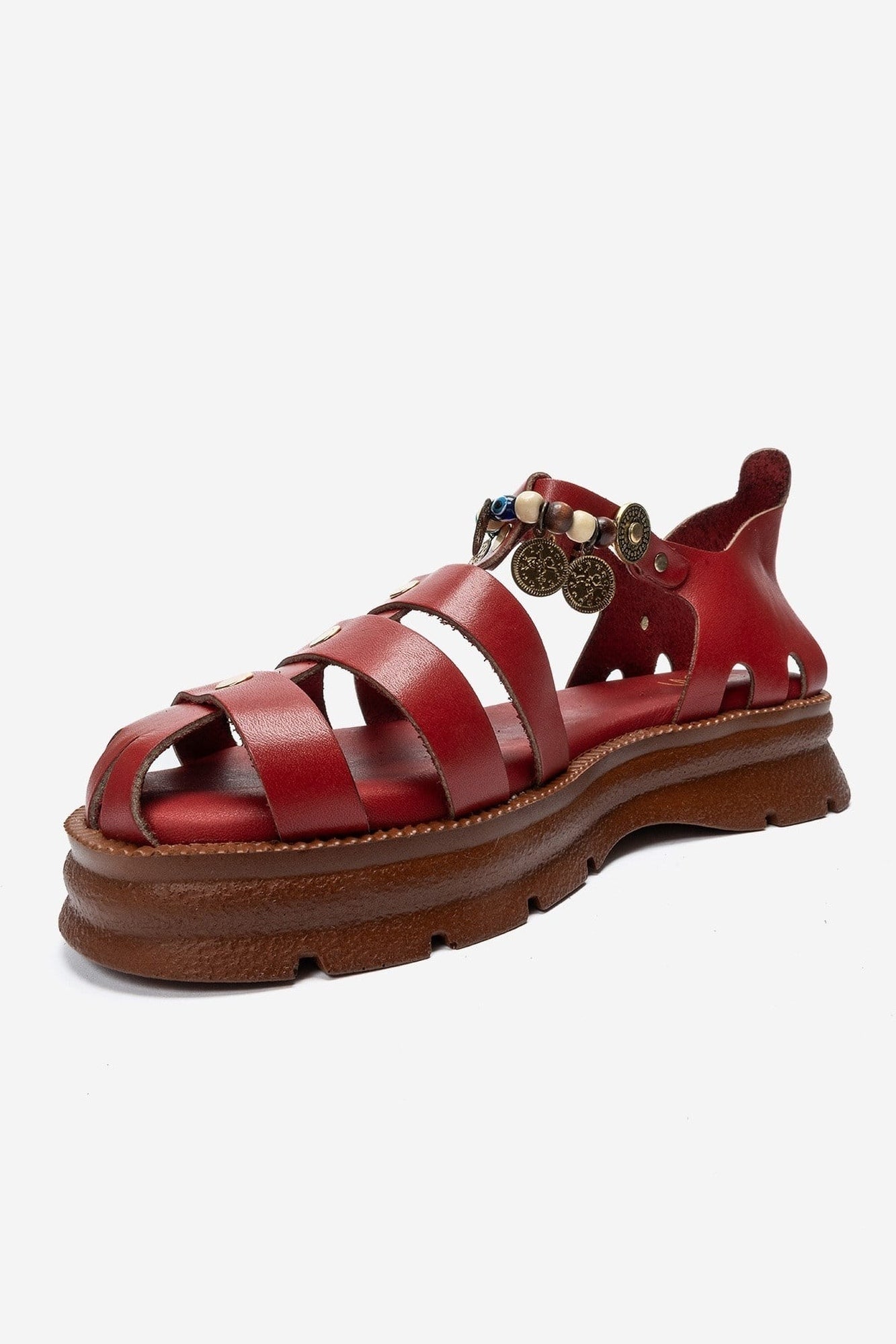 SOLIS - Red Genuine Leather Beaded Sandal (Women)