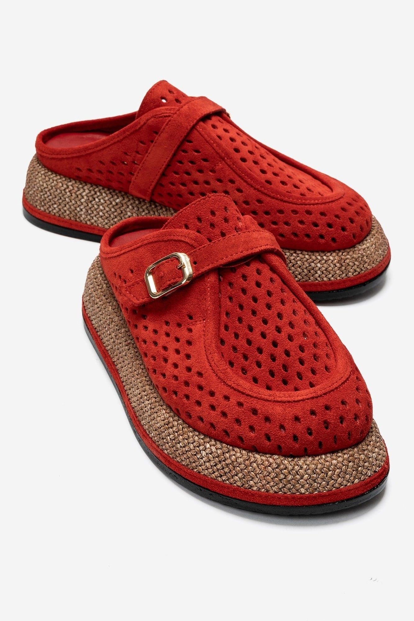 VONE - Red Genuine Leather Buckled Closed-Toe Mule (Women)