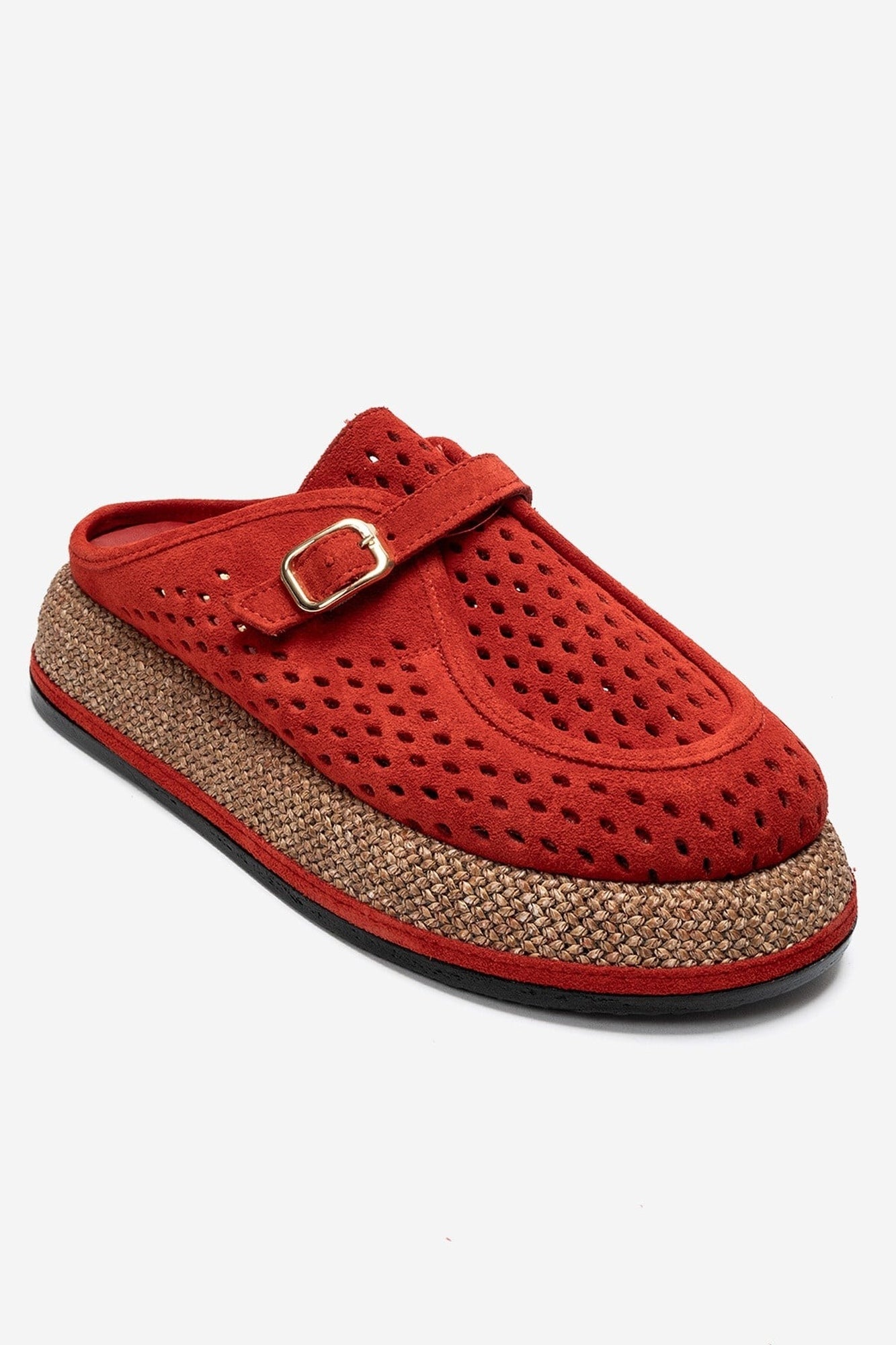 VONE - Red Genuine Leather Buckled Closed-Toe Mule (Women)