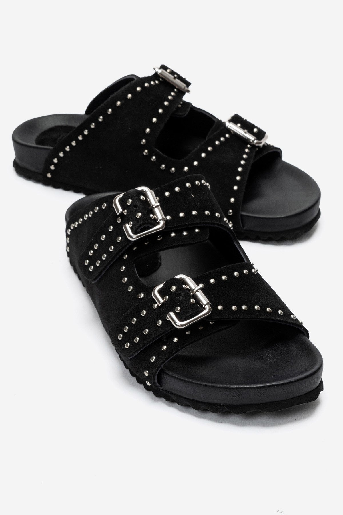 AVENELLE - Black Suede Genuine Leather Double-Band Studded Slide (Women)