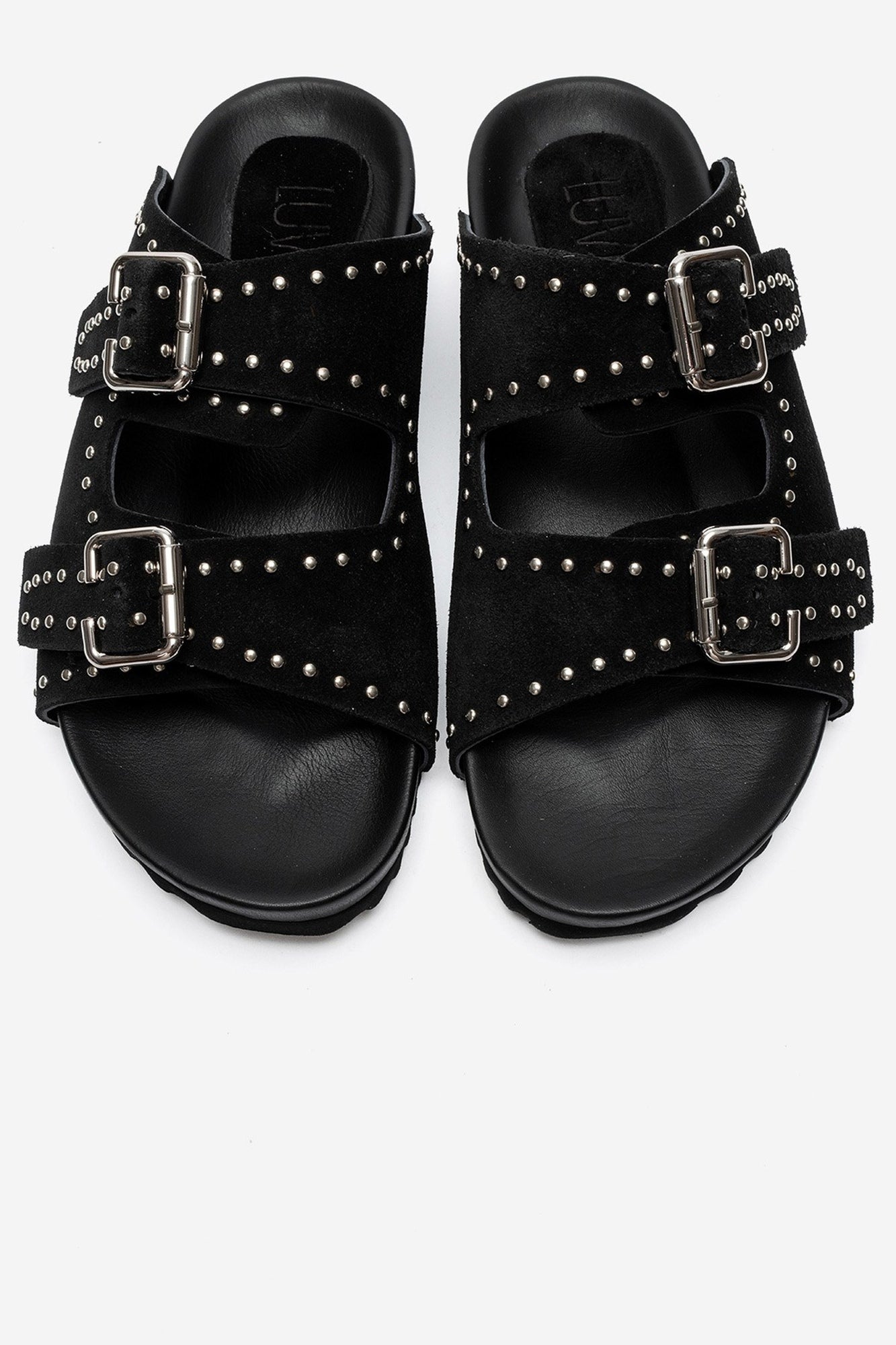 AVENELLE - Black Suede Genuine Leather Double-Band Studded Slide (Women)