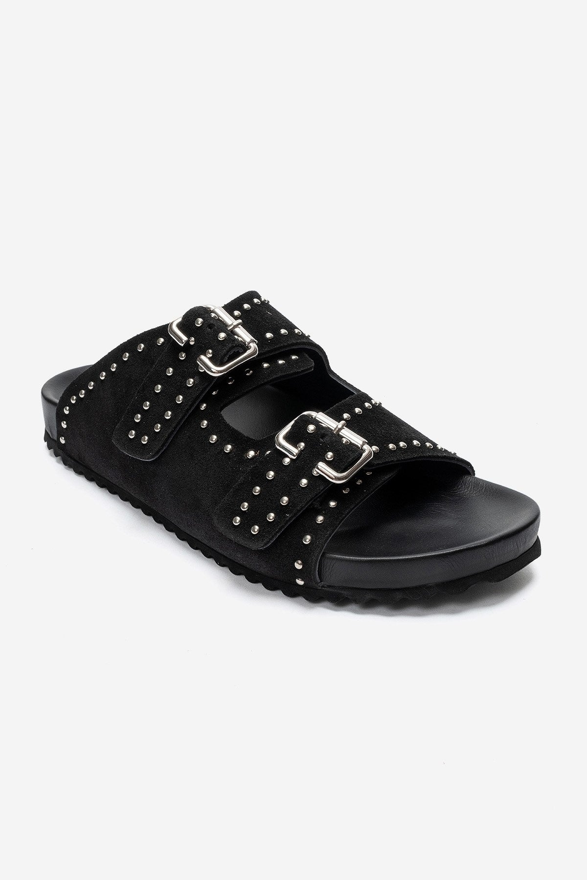 AVENELLE - Black Suede Genuine Leather Double-Band Studded Slide (Women)