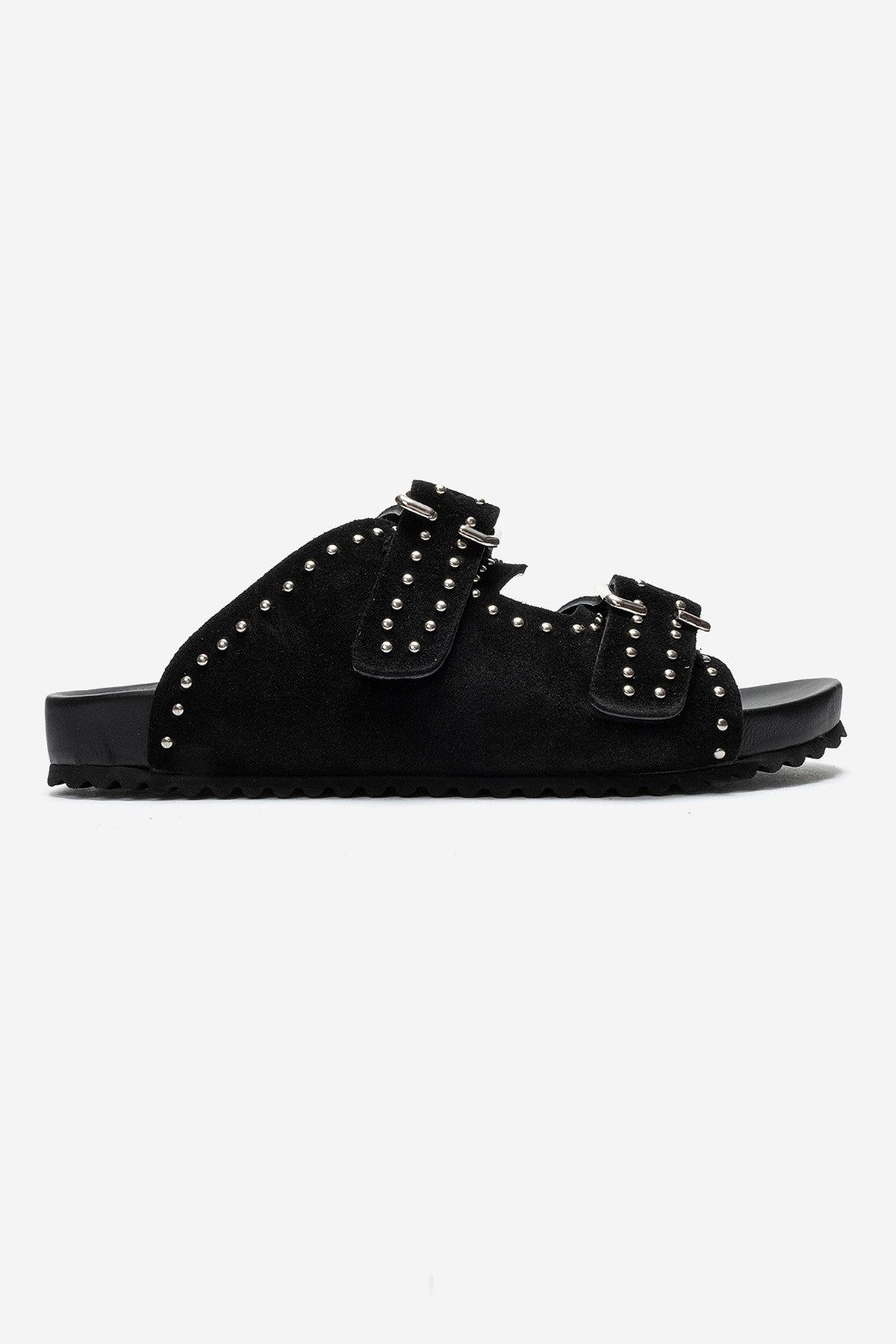 AVENELLE - Black Suede Genuine Leather Double-Band Studded Slide (Women)