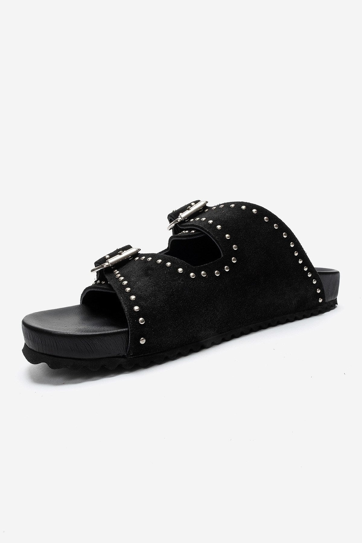AVENELLE - Black Suede Genuine Leather Double-Band Studded Slide (Women)