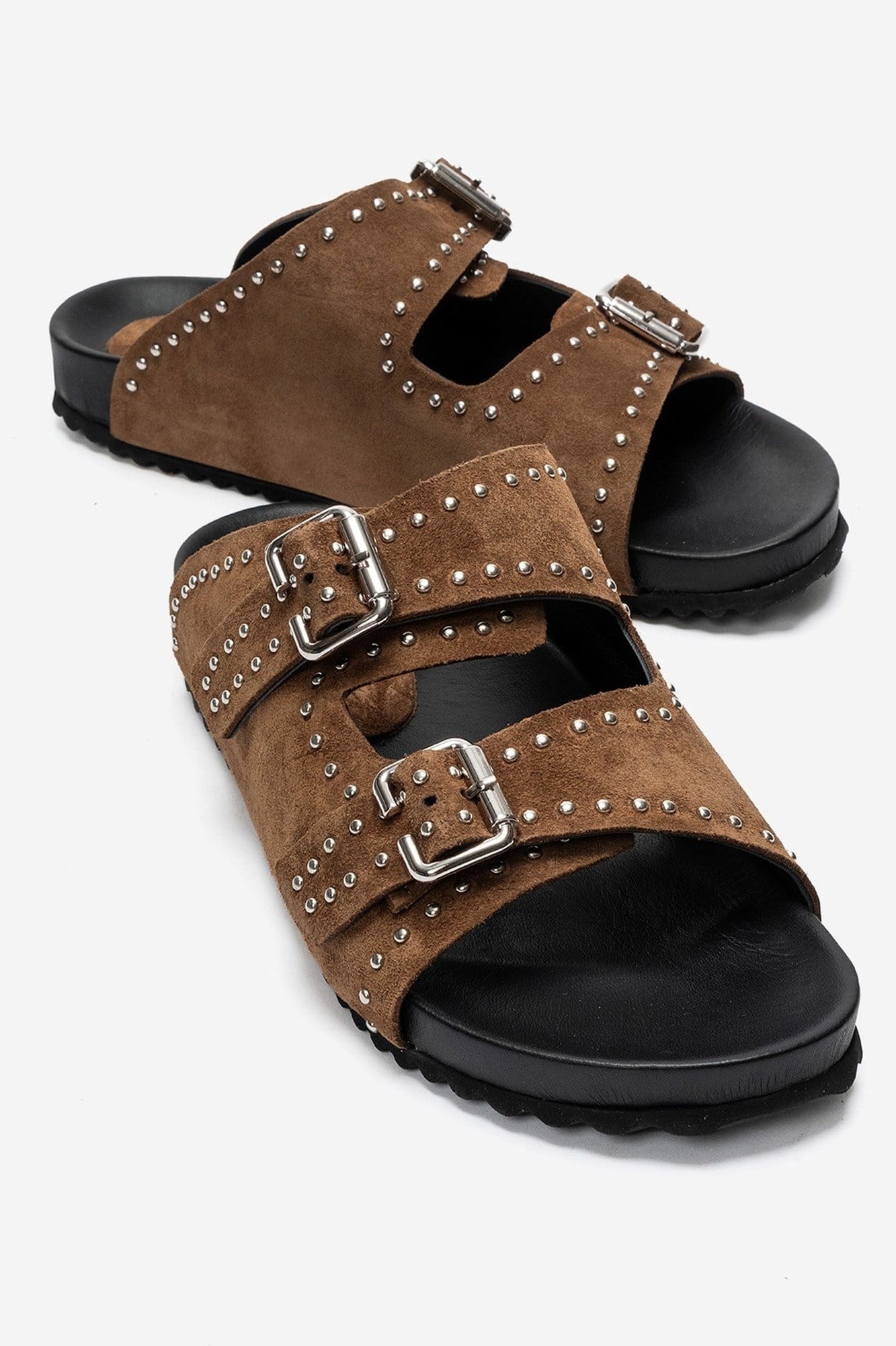 AVENELLE - Taupe Suede Genuine Leather Double-Band Studded Slide (Women)