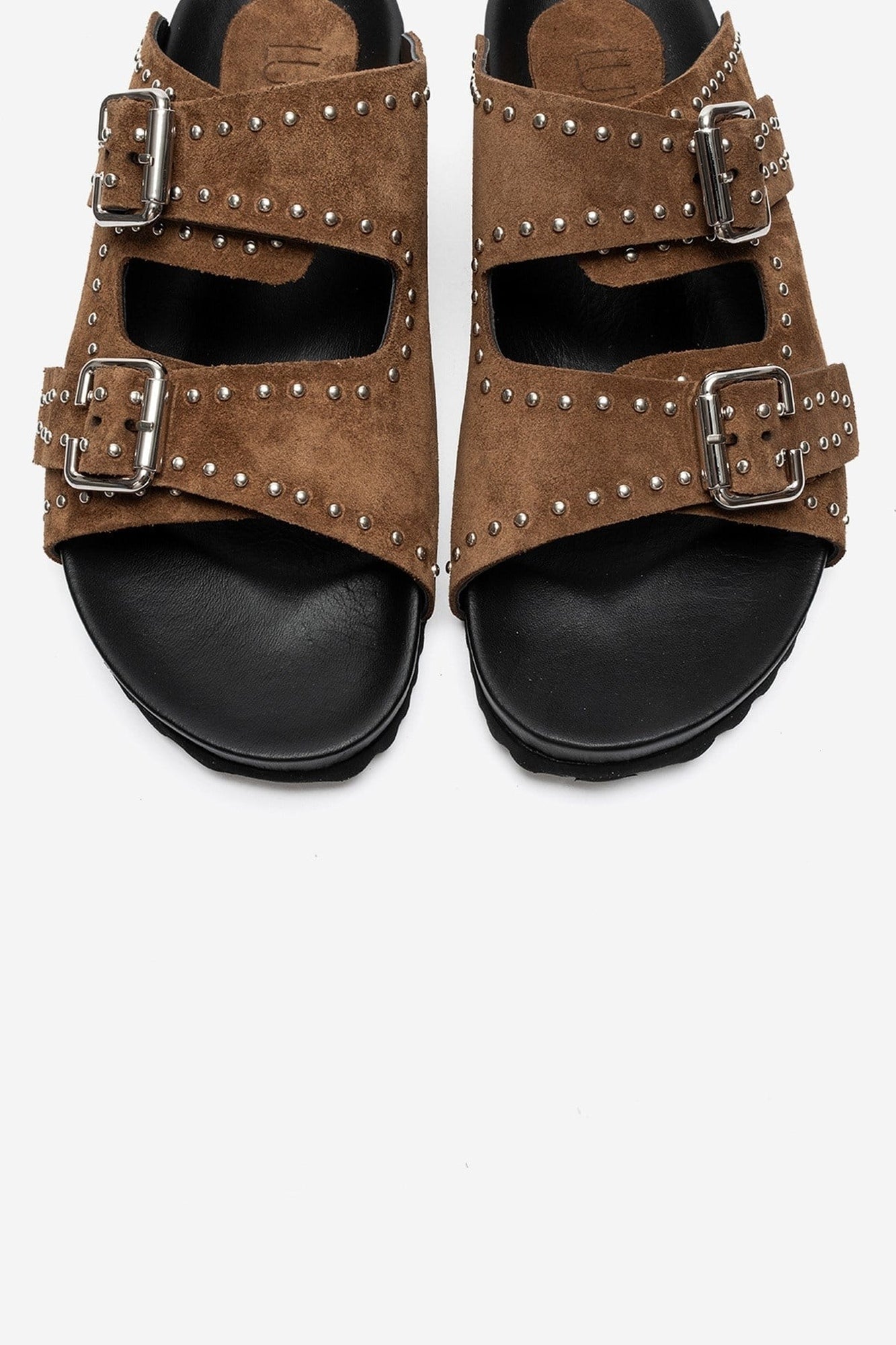 AVENELLE - Taupe Suede Genuine Leather Double-Band Studded Slide (Women)