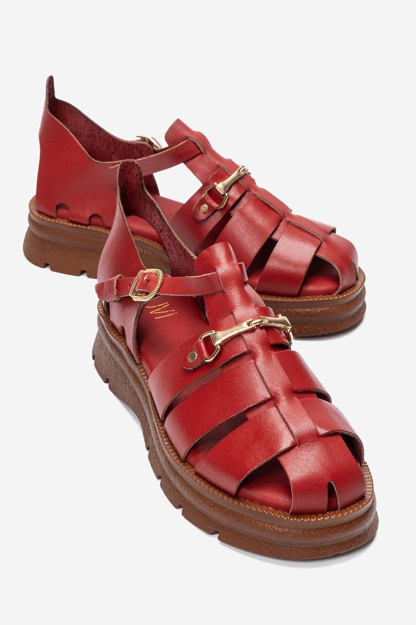 RIELA - Red Genuine Leather Multi-Strap Closed-Back Buckle Sandal (Women)
