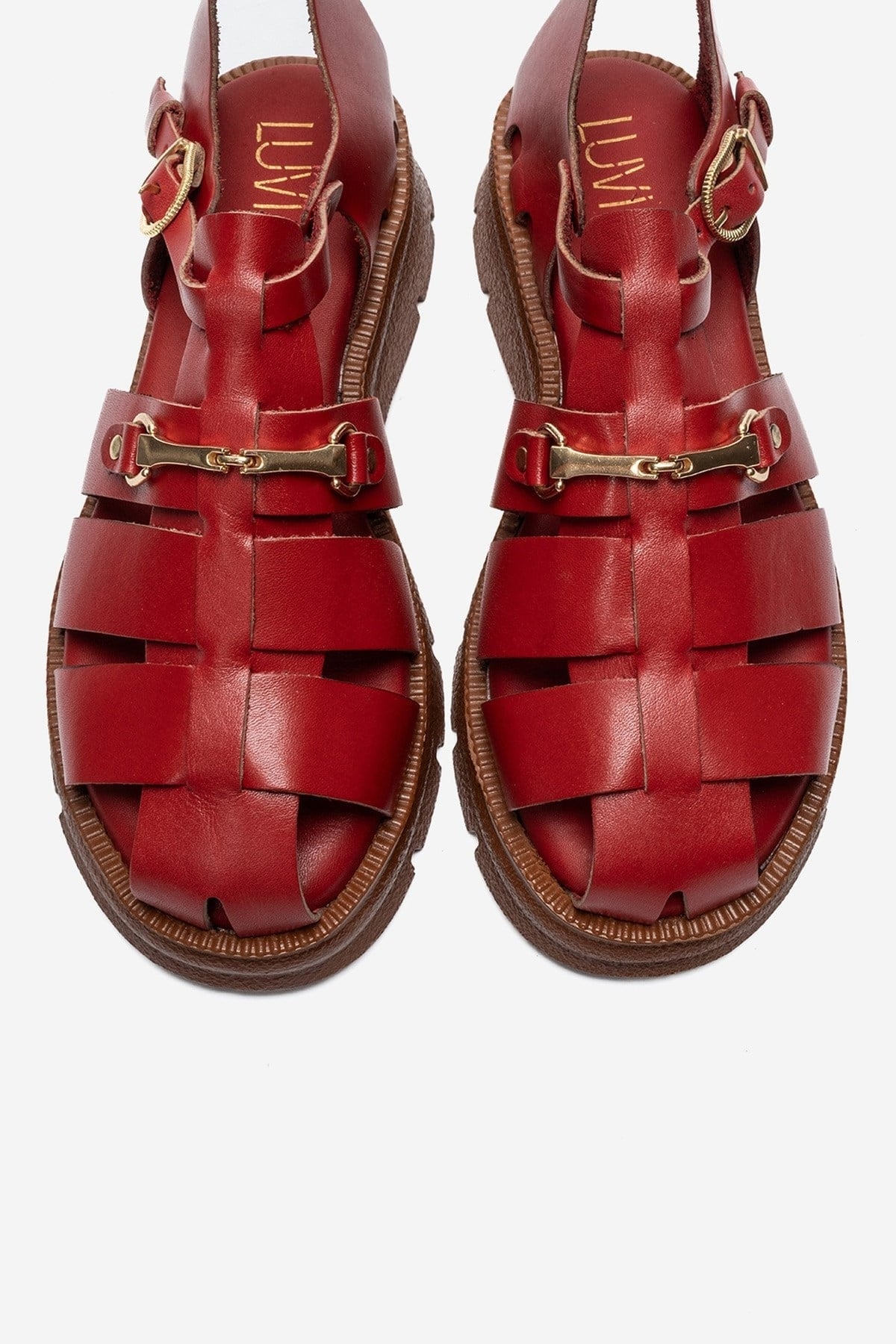 RIELA - Red Genuine Leather Multi-Strap Closed-Back Buckle Sandal (Women)