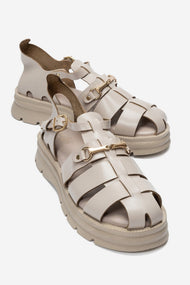 RIELA - Beige Genuine Leather Multi-Strap Closed-Back Buckle Sandal (Women)
