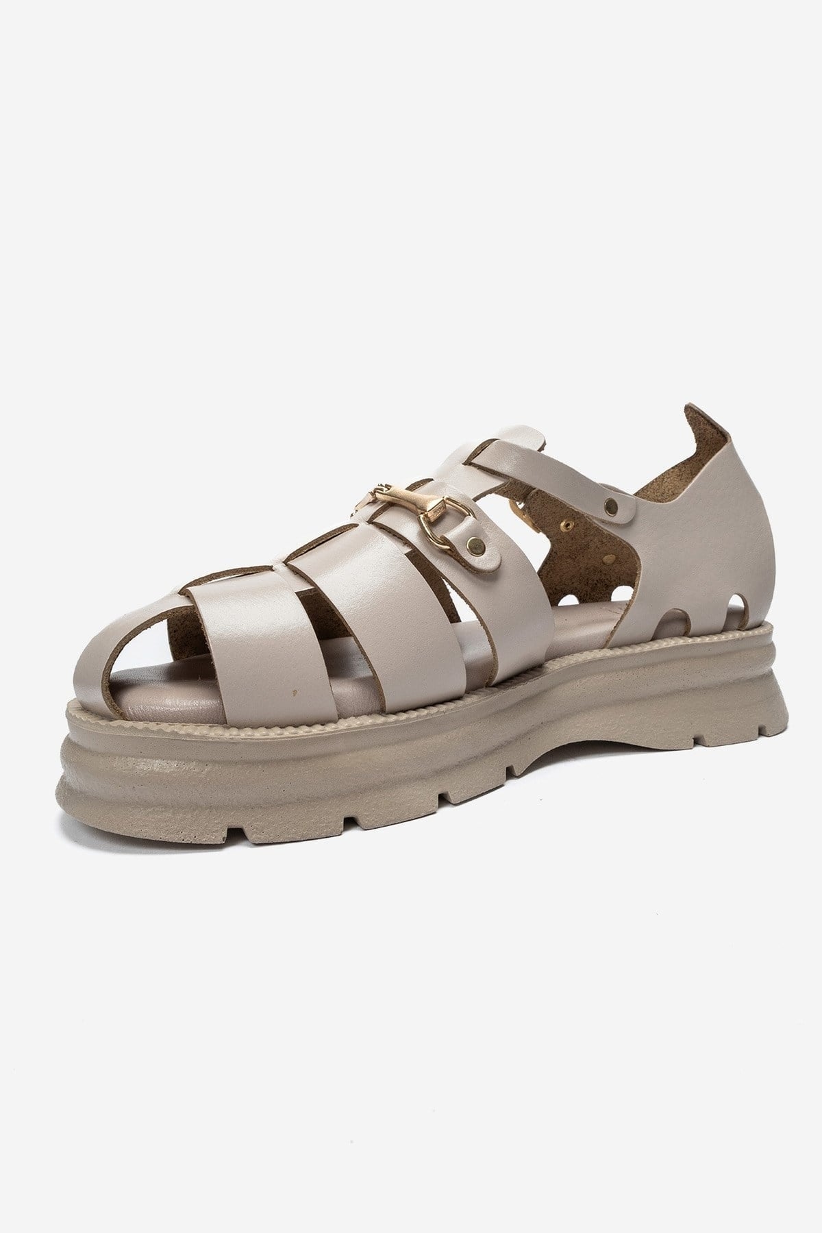 RIELA - Beige Genuine Leather Multi-Strap Closed-Back Buckle Sandal (Women)