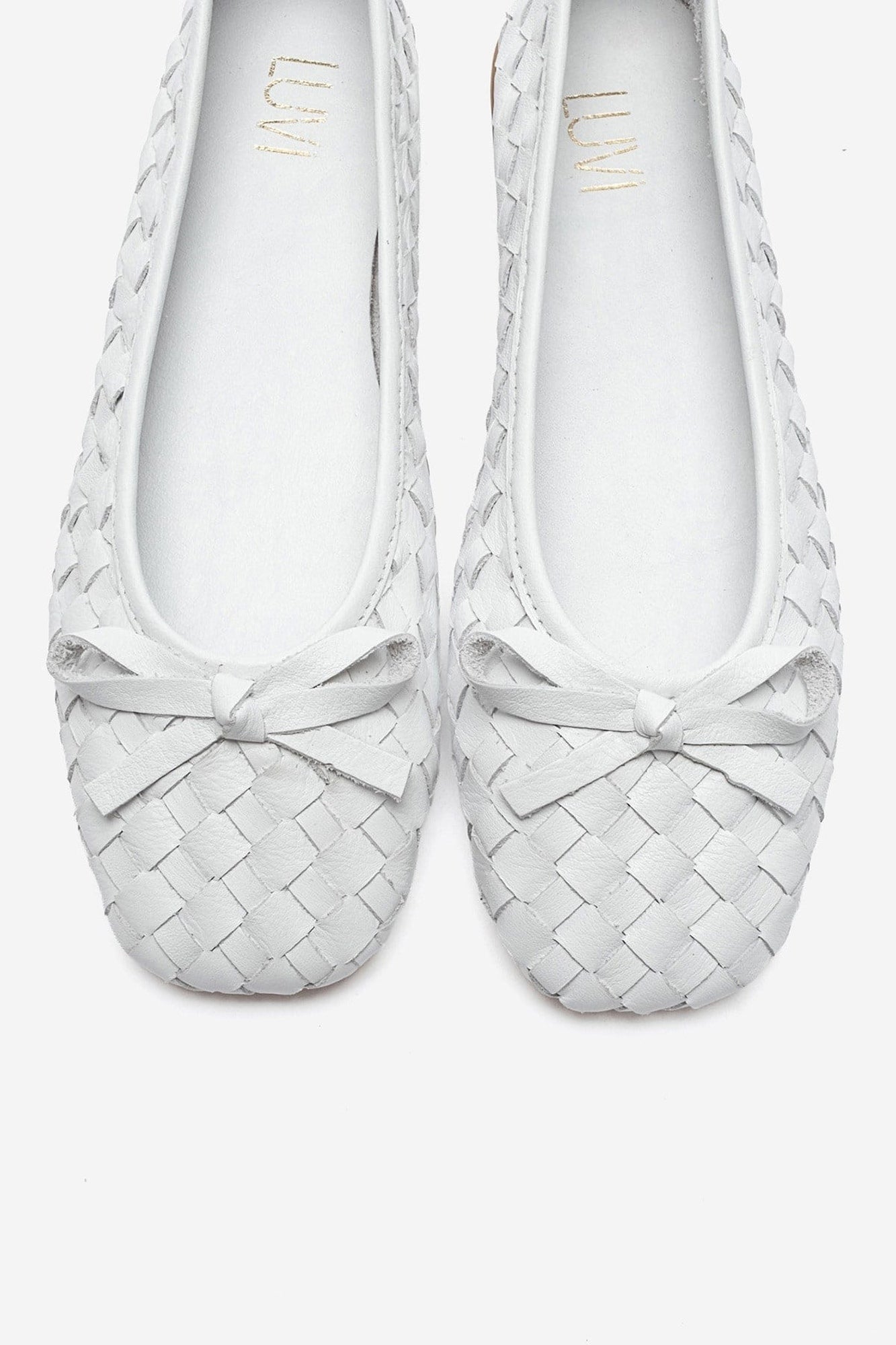 Garen - White Genuine Leather Woven Bow Ballerina Flat (Women)