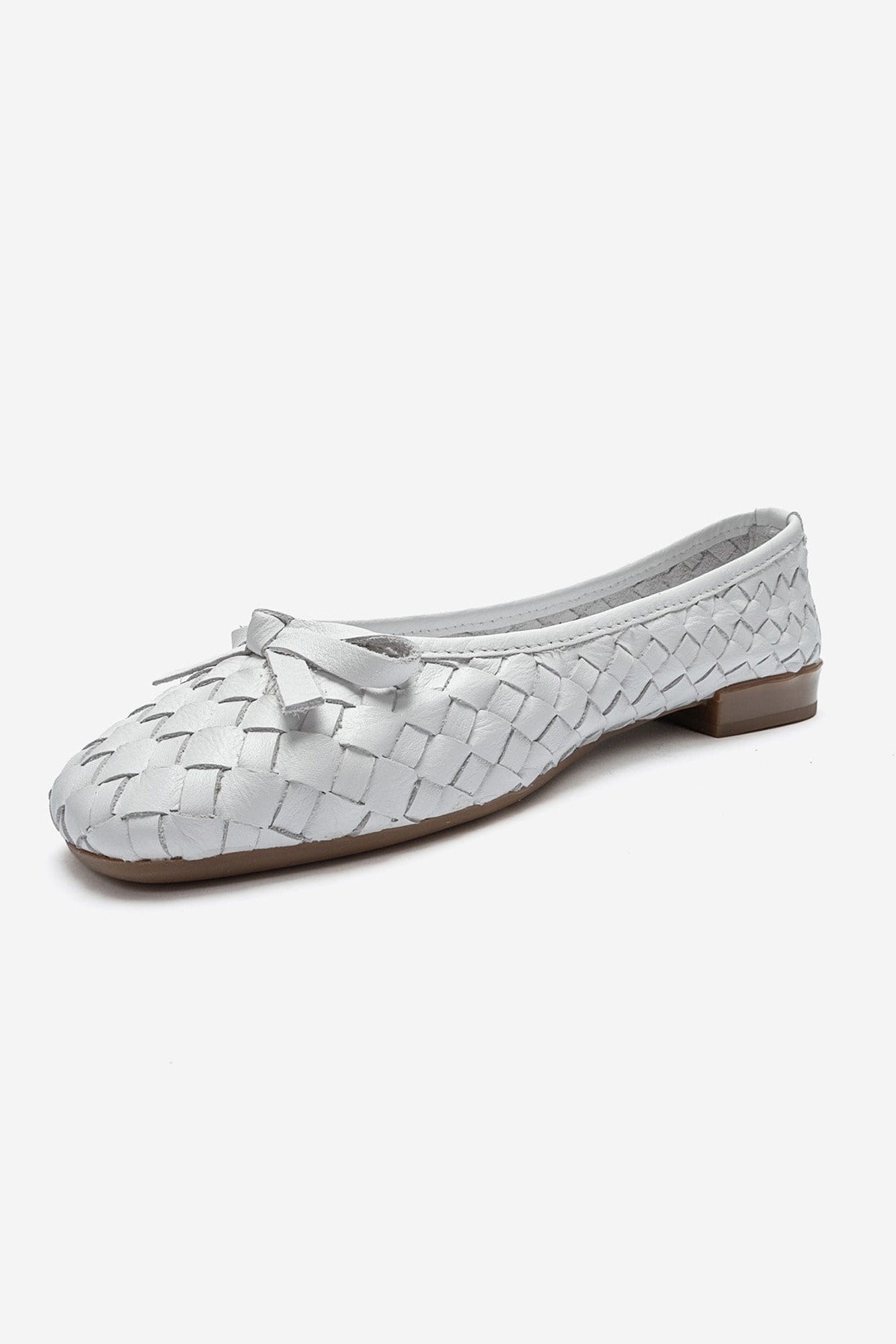 Garen - White Genuine Leather Woven Bow Ballerina Flat (Women)