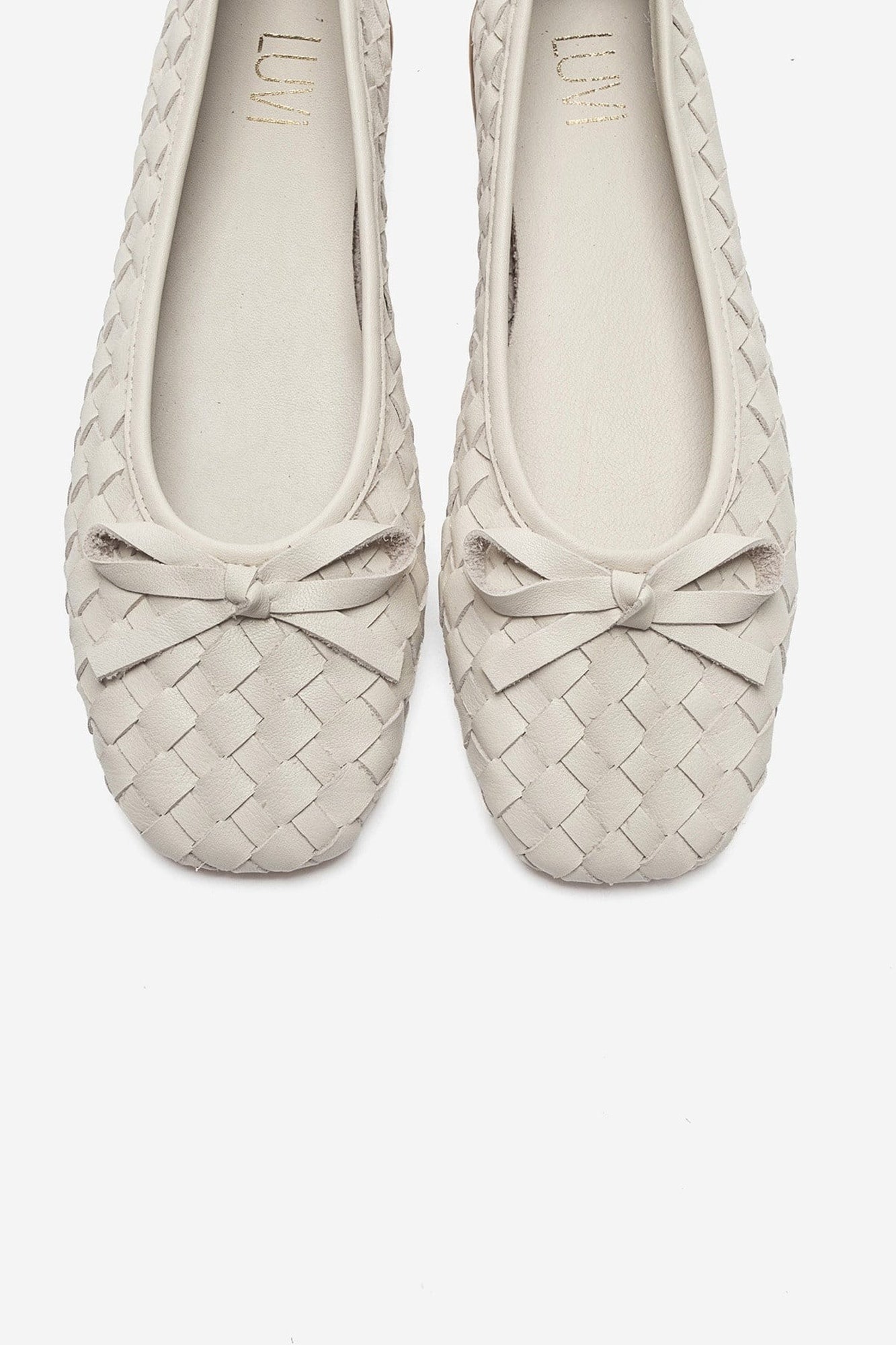 Garen - Off-White Genuine Leather Woven Bow Ballerina Flat (Women)