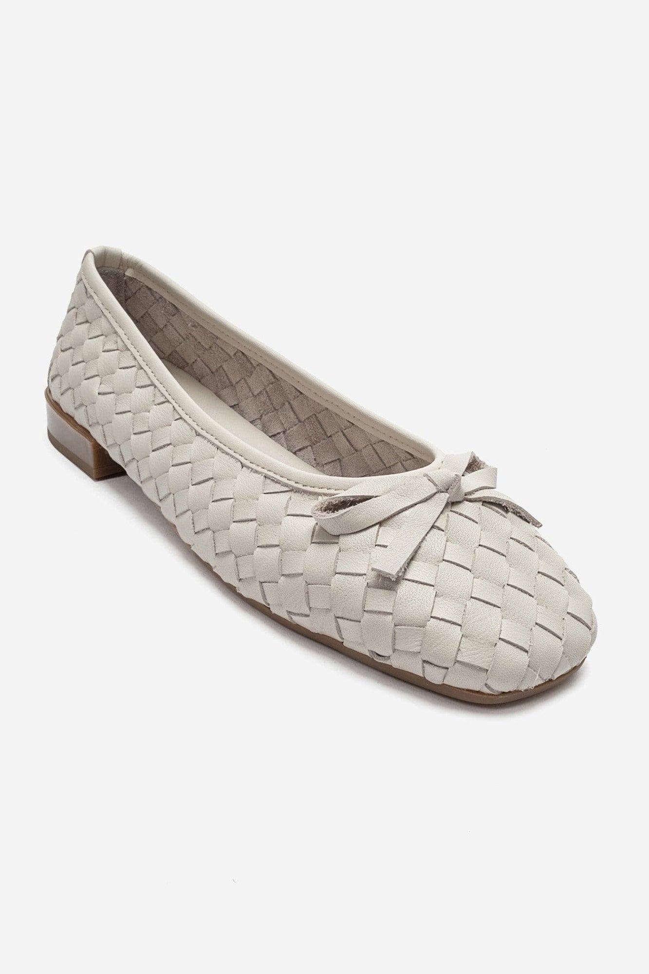 Garen - Off-White Genuine Leather Woven Bow Ballerina Flat (Women)