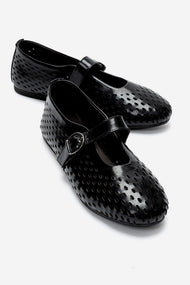 Arian - Black Genuine Leather Perforated Ballerina Flat (Women)