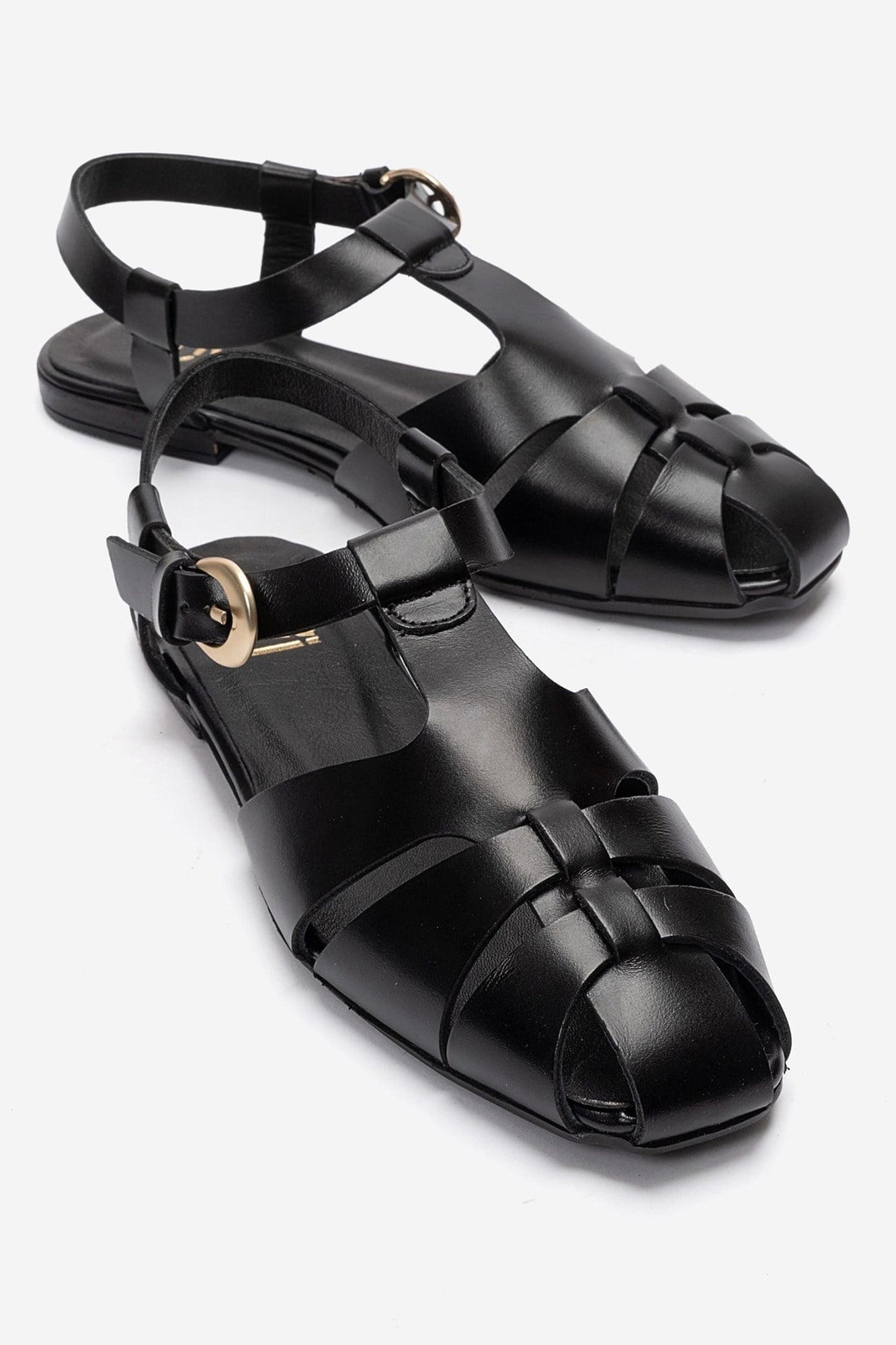 JANDOR - Black Genuine Leather Ankle-Strap Flat Sandal (Women)
