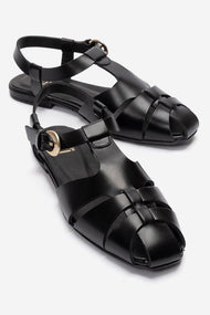 JANDOR - Black Genuine Leather Ankle-Strap Flat Sandal (Women)