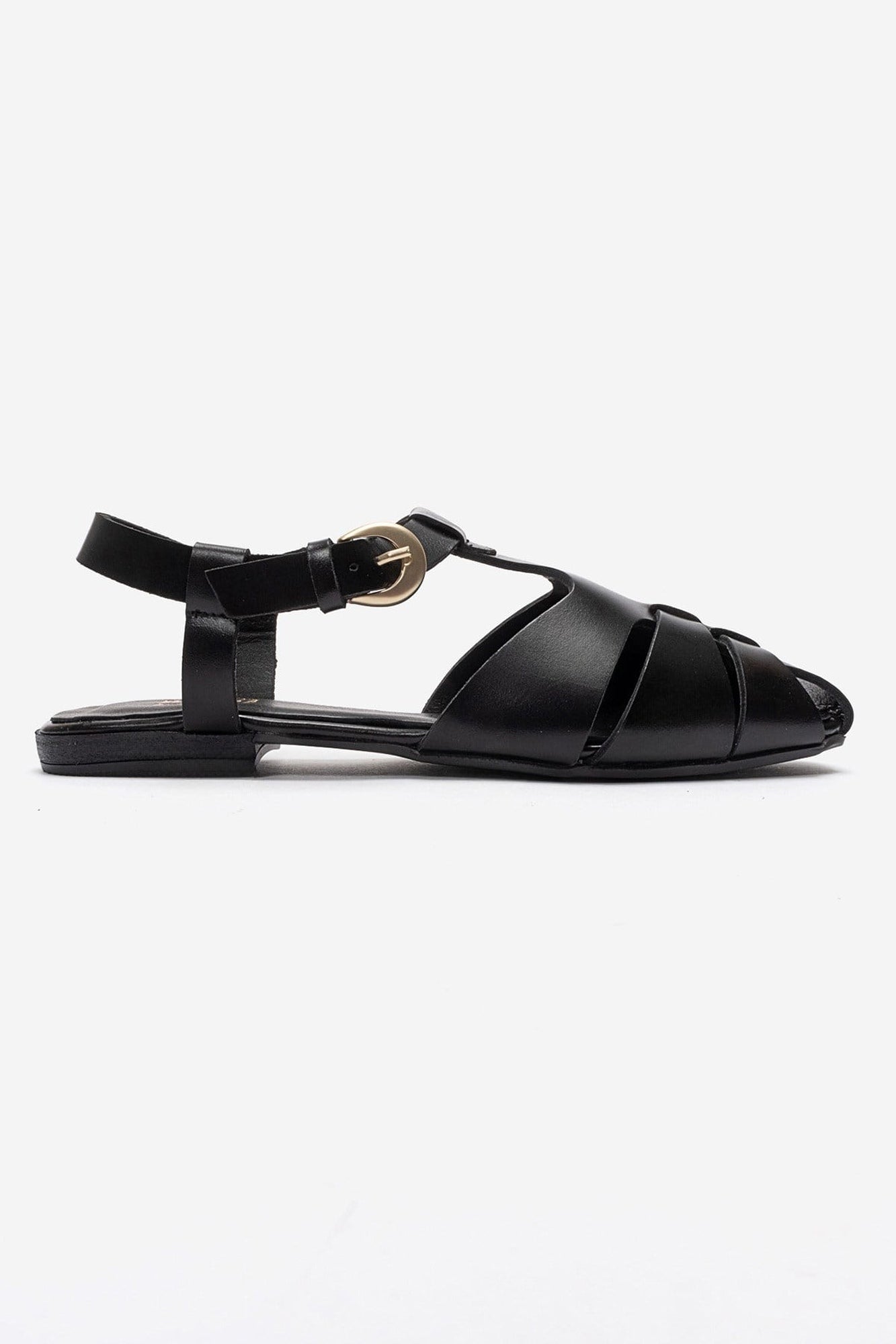 JANDOR - Black Genuine Leather Ankle-Strap Flat Sandal (Women)