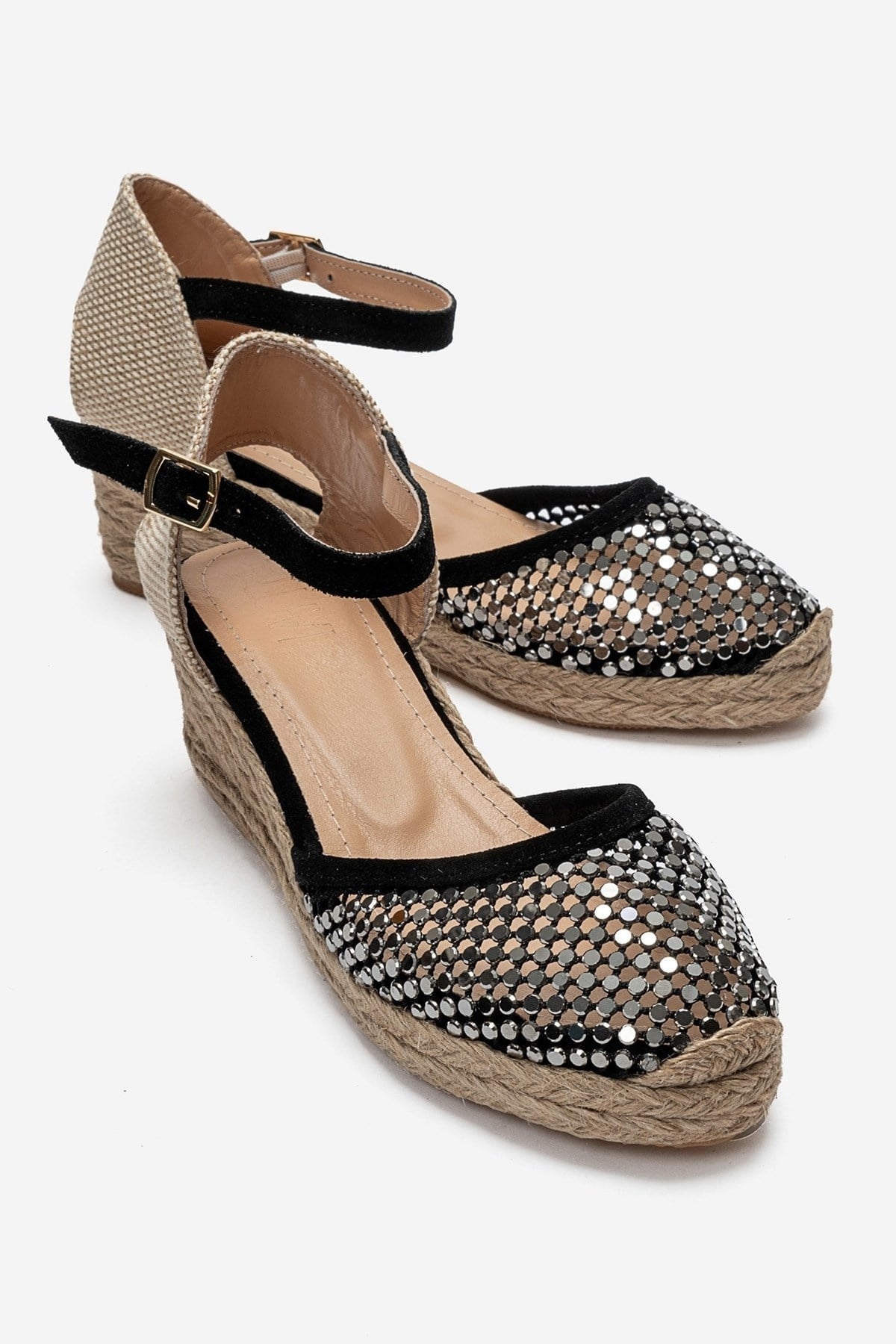 DRELIX - Black Genuine Leather Wedge Heel Espadrille Sandal (Women)