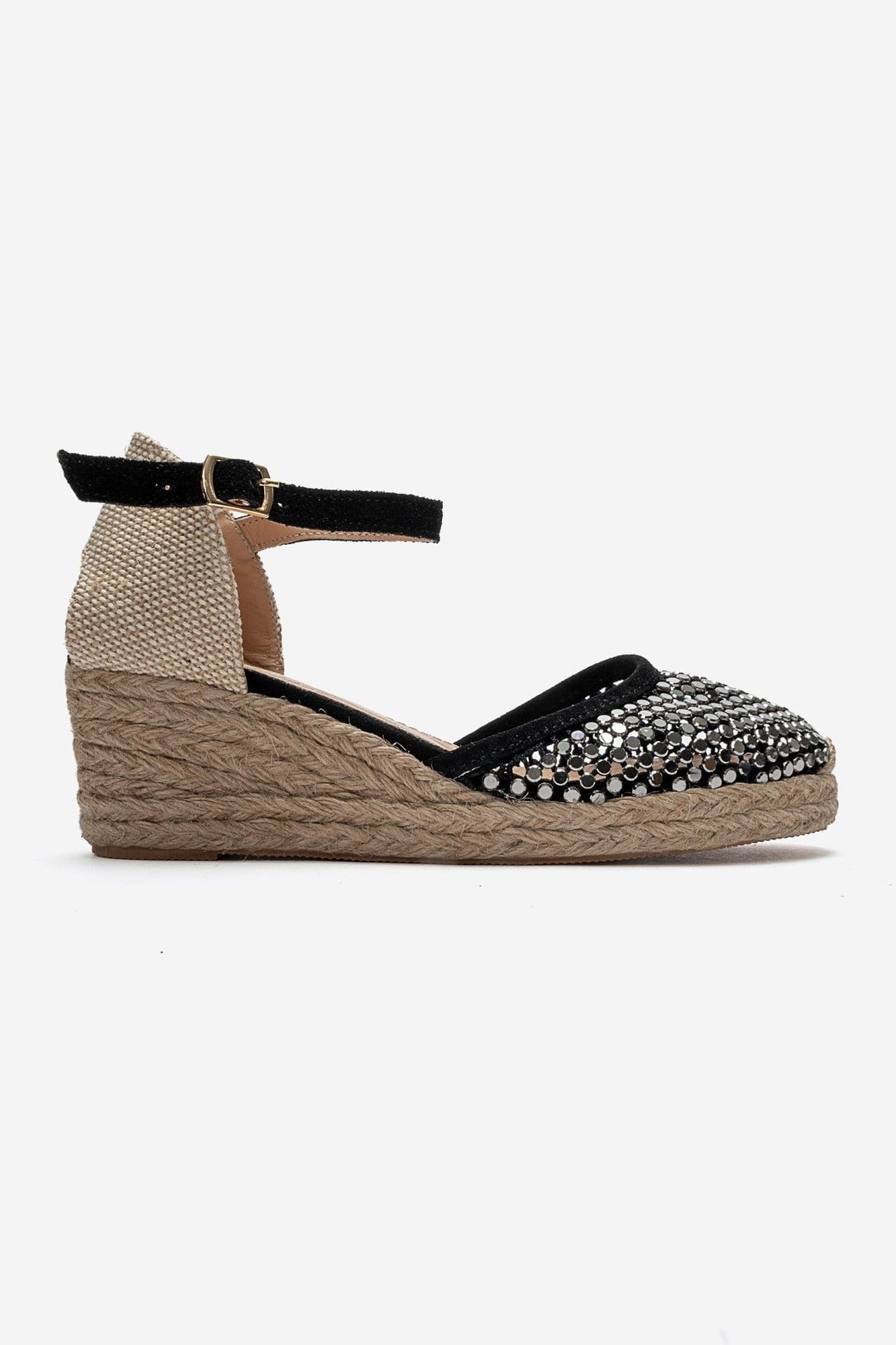 DRELIX - Black Genuine Leather Wedge Heel Espadrille Sandal (Women)
