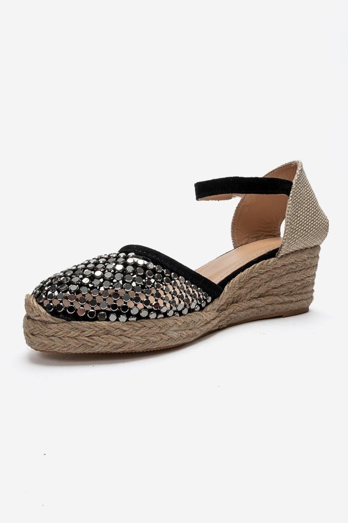 DRELIX - Black Genuine Leather Wedge Heel Espadrille Sandal (Women)