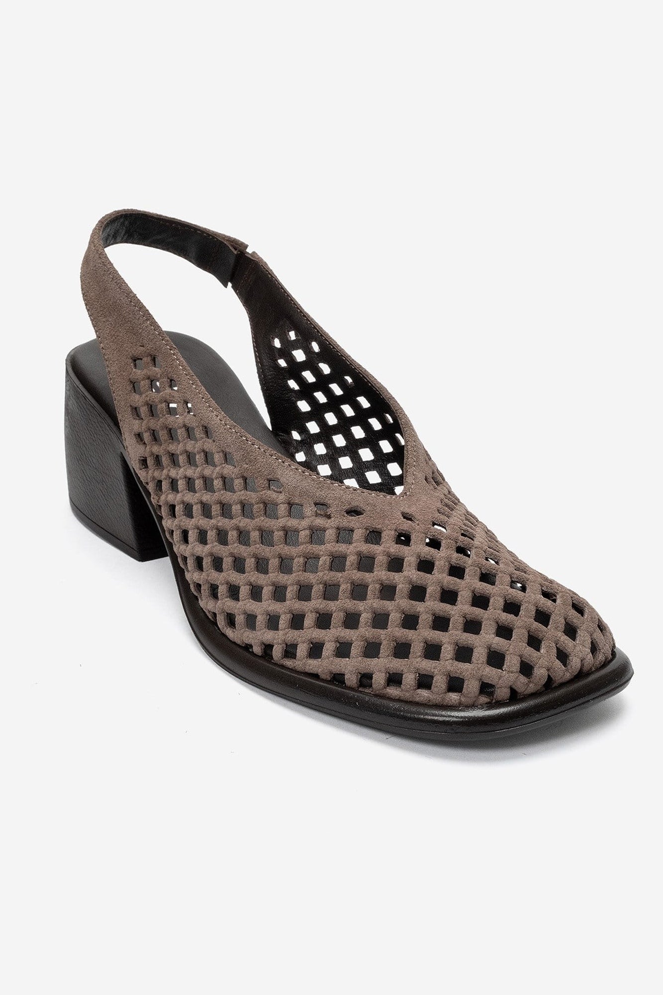 MONVERA - Taupe Genuine Suede Leather Closed-Toe Laser-Cut Block Heel Sandal (Women)