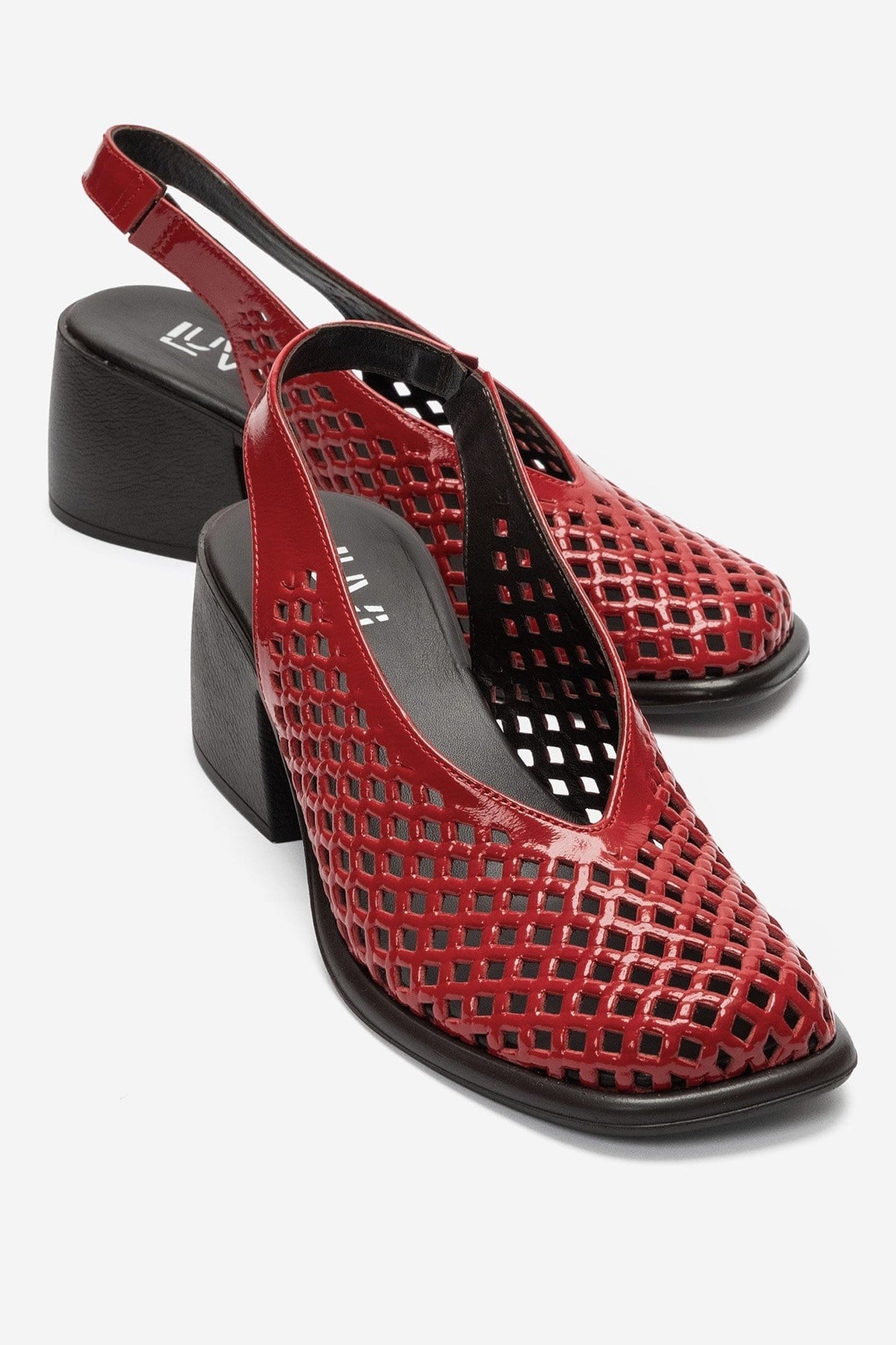 MONVERA - Red Genuine Leather Patent Closed-Toe Laser-Cut Block Heel Sandal (Women)