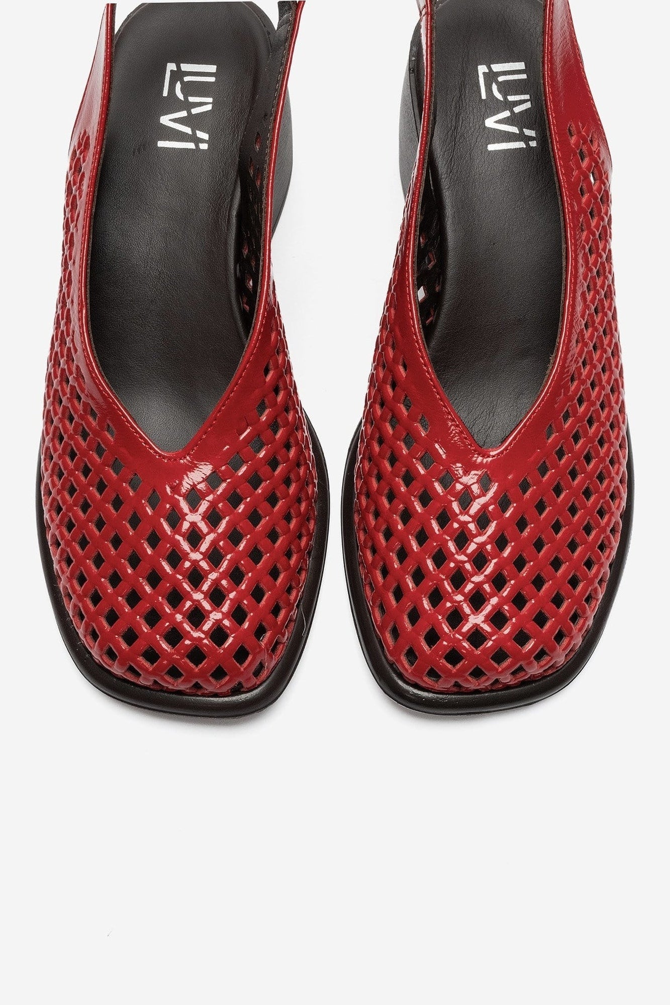 MONVERA - Red Genuine Leather Patent Closed-Toe Laser-Cut Block Heel Sandal (Women)