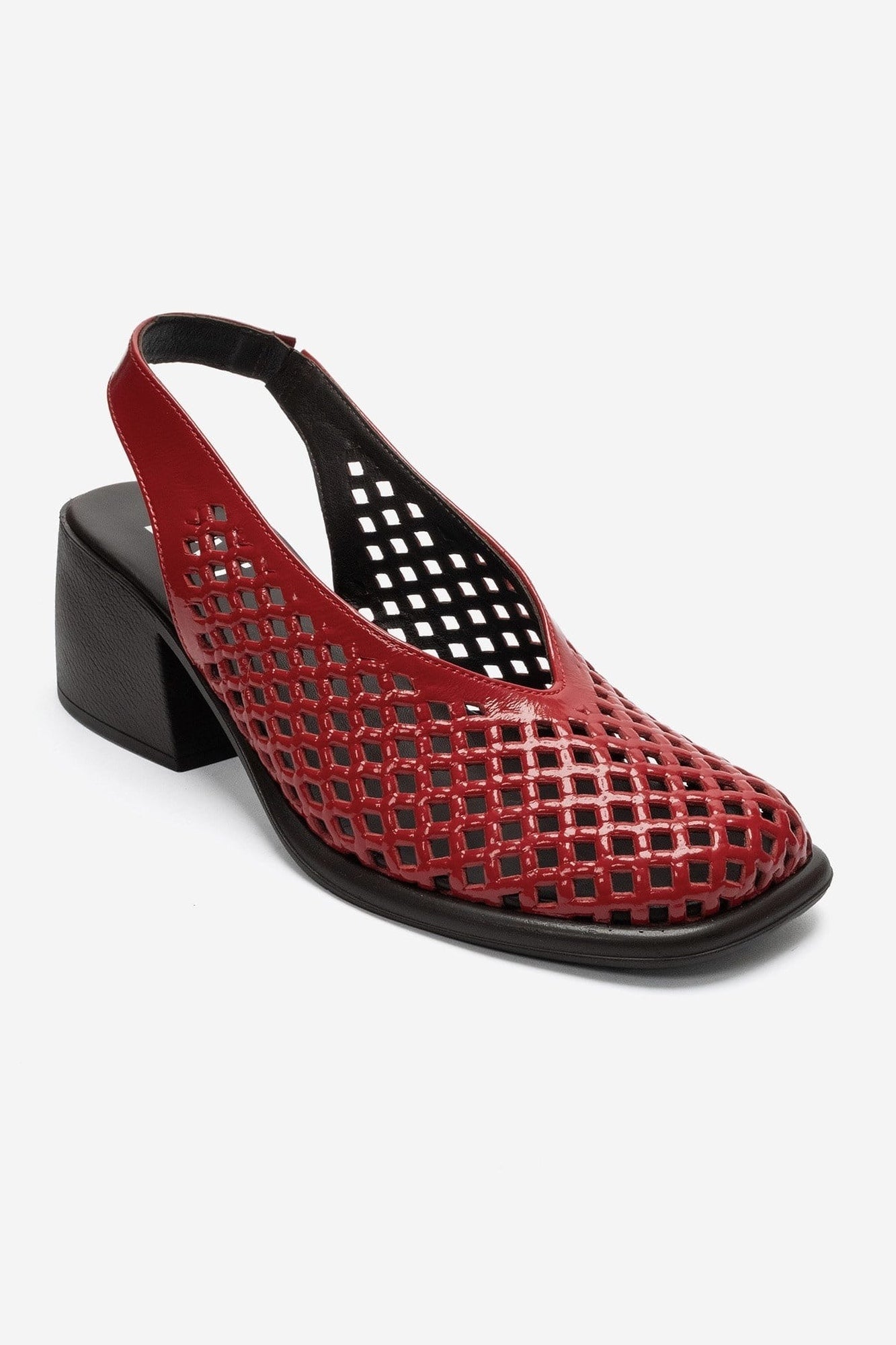 MONVERA - Red Genuine Leather Patent Closed-Toe Laser-Cut Block Heel Sandal (Women)