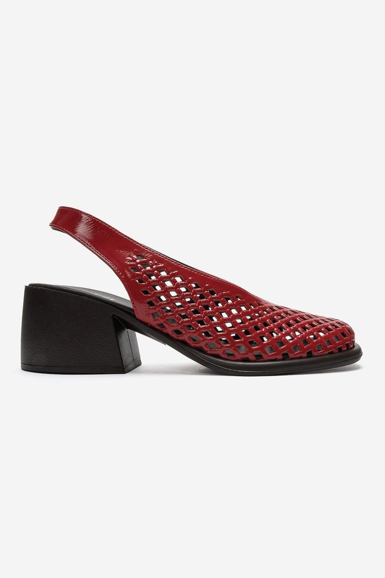 MONVERA - Red Genuine Leather Patent Closed-Toe Laser-Cut Block Heel Sandal (Women)