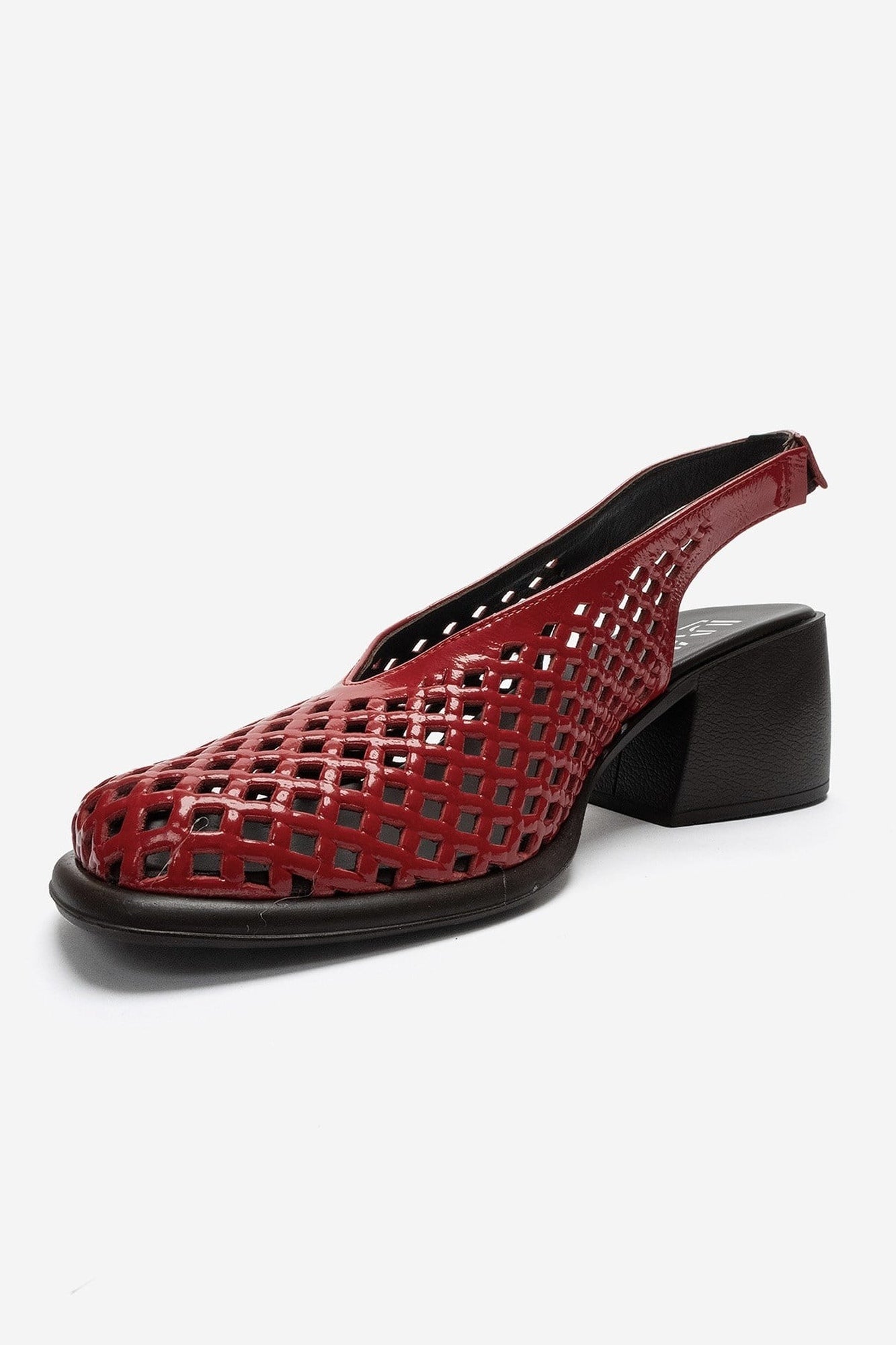 MONVERA - Red Genuine Leather Patent Closed-Toe Laser-Cut Block Heel Sandal (Women)