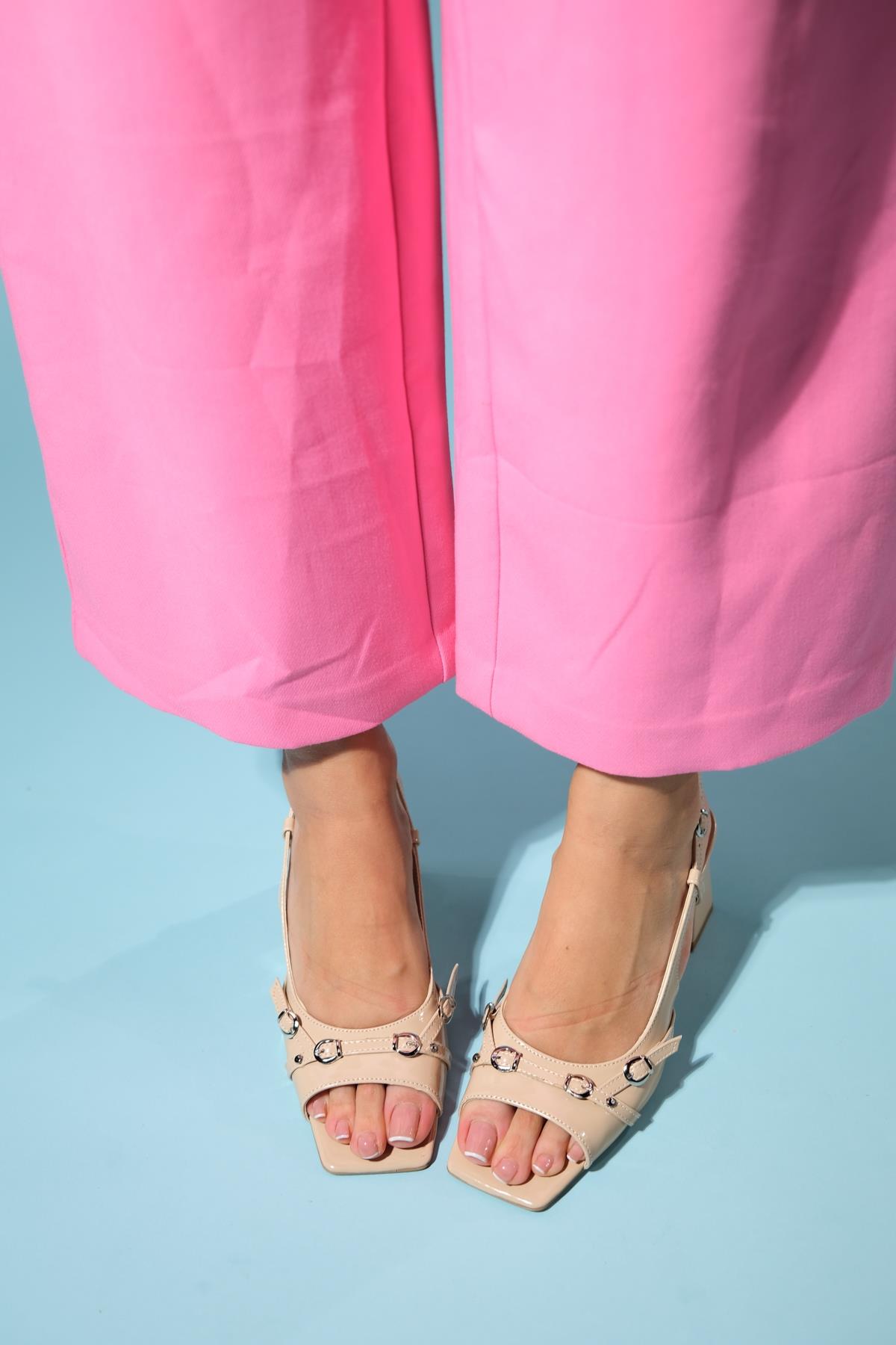 Pandia - Beige Buckle Block Heel Sandal (Women)