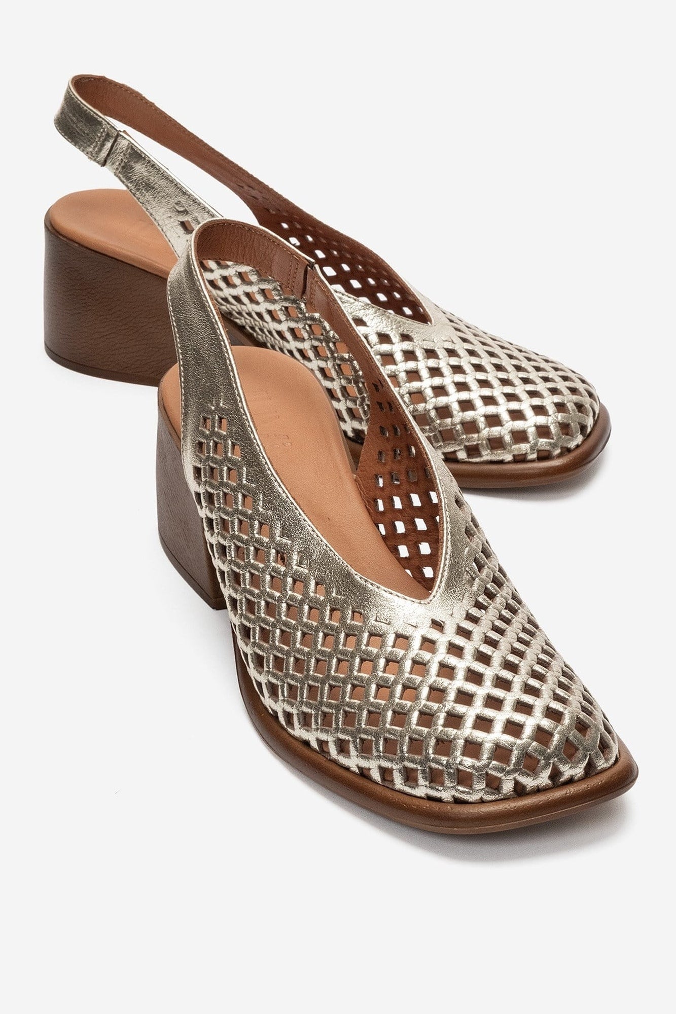 MONVERA - Gold Genuine Leather Closed-Toe Laser-Cut Block Heel Sandal (Women)
