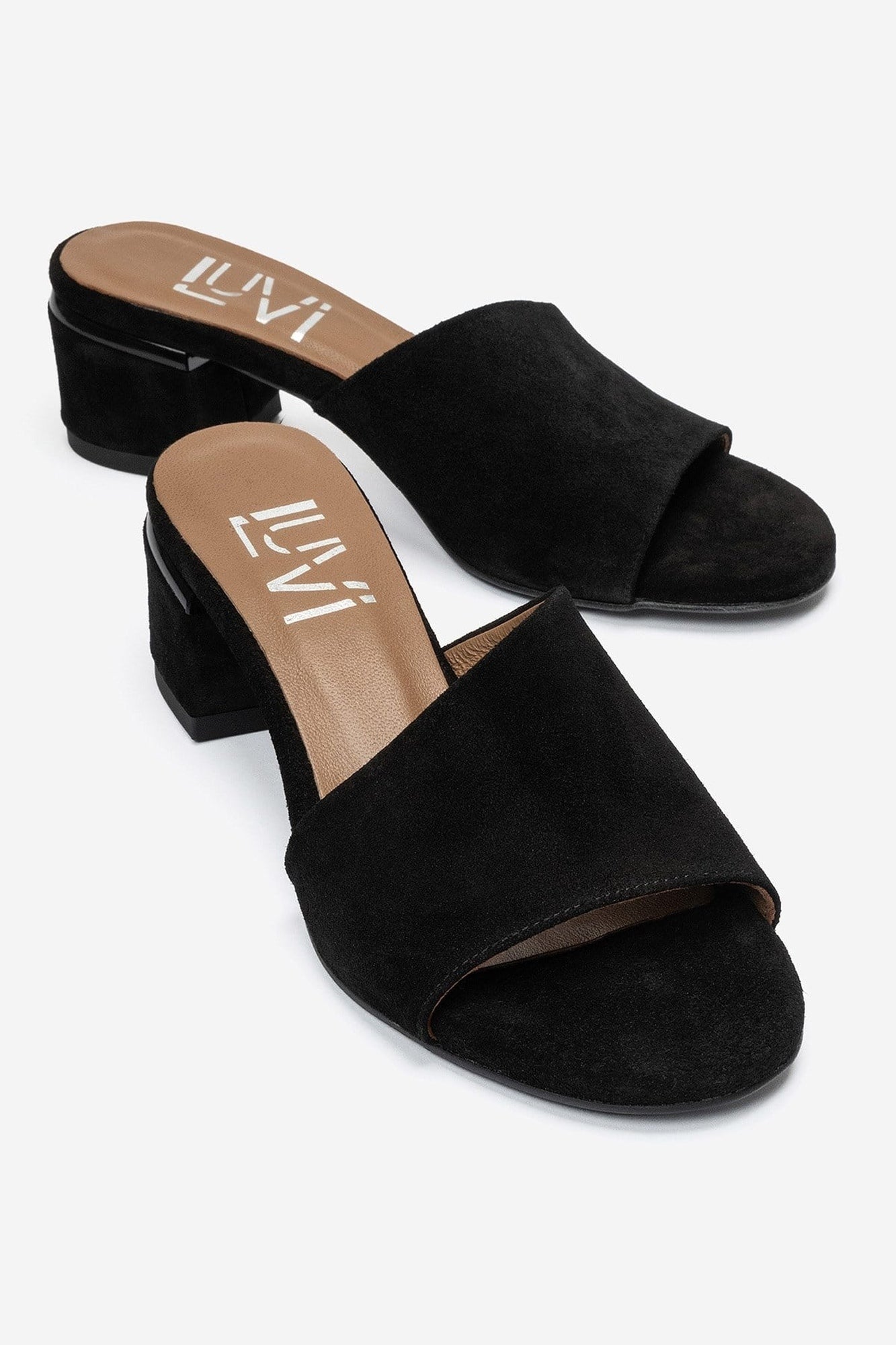 DELAVIE - Black Suede Genuine Leather Block Heel Slide (Women)
