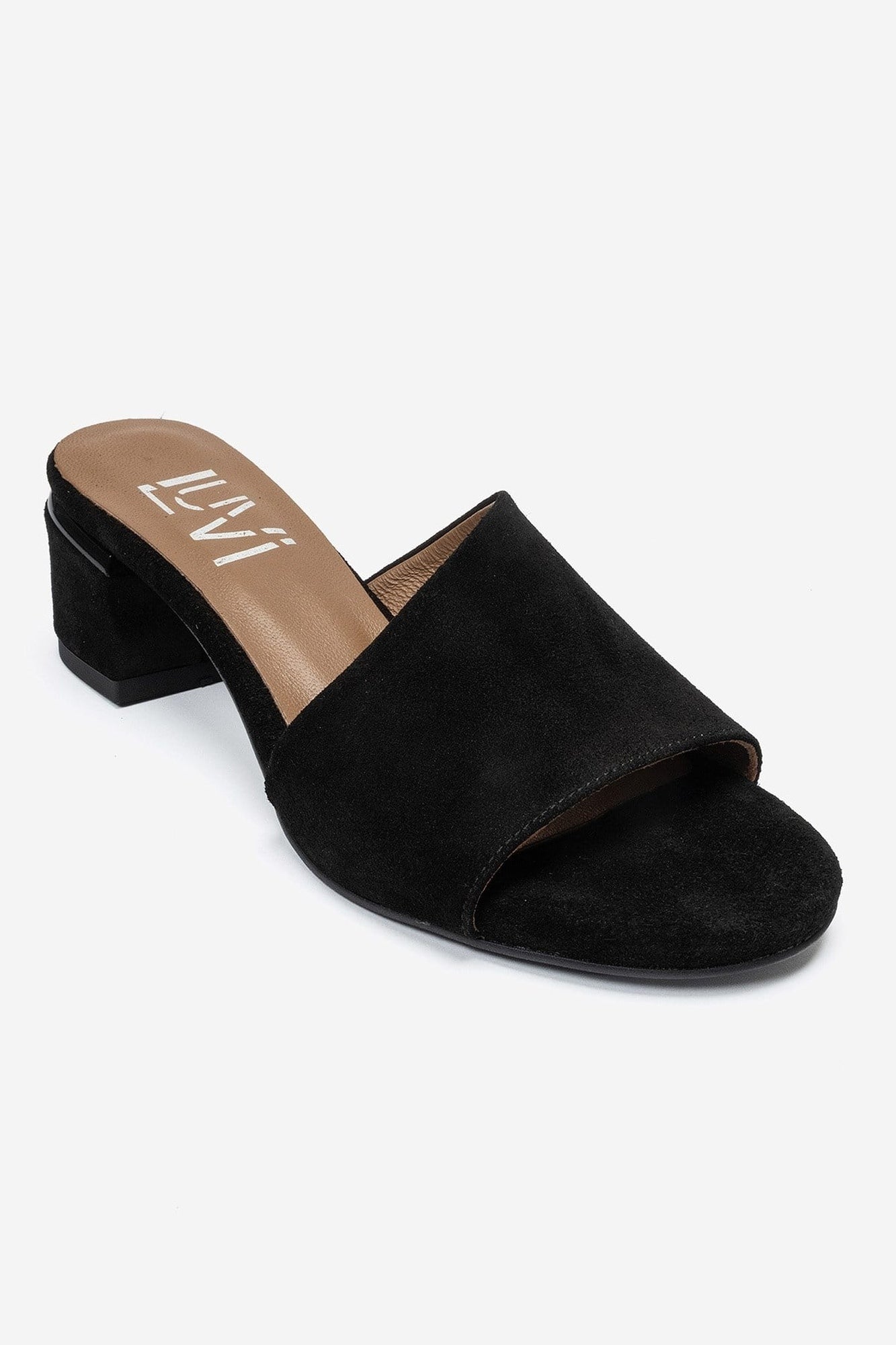 DELAVIE - Black Suede Genuine Leather Block Heel Slide (Women)