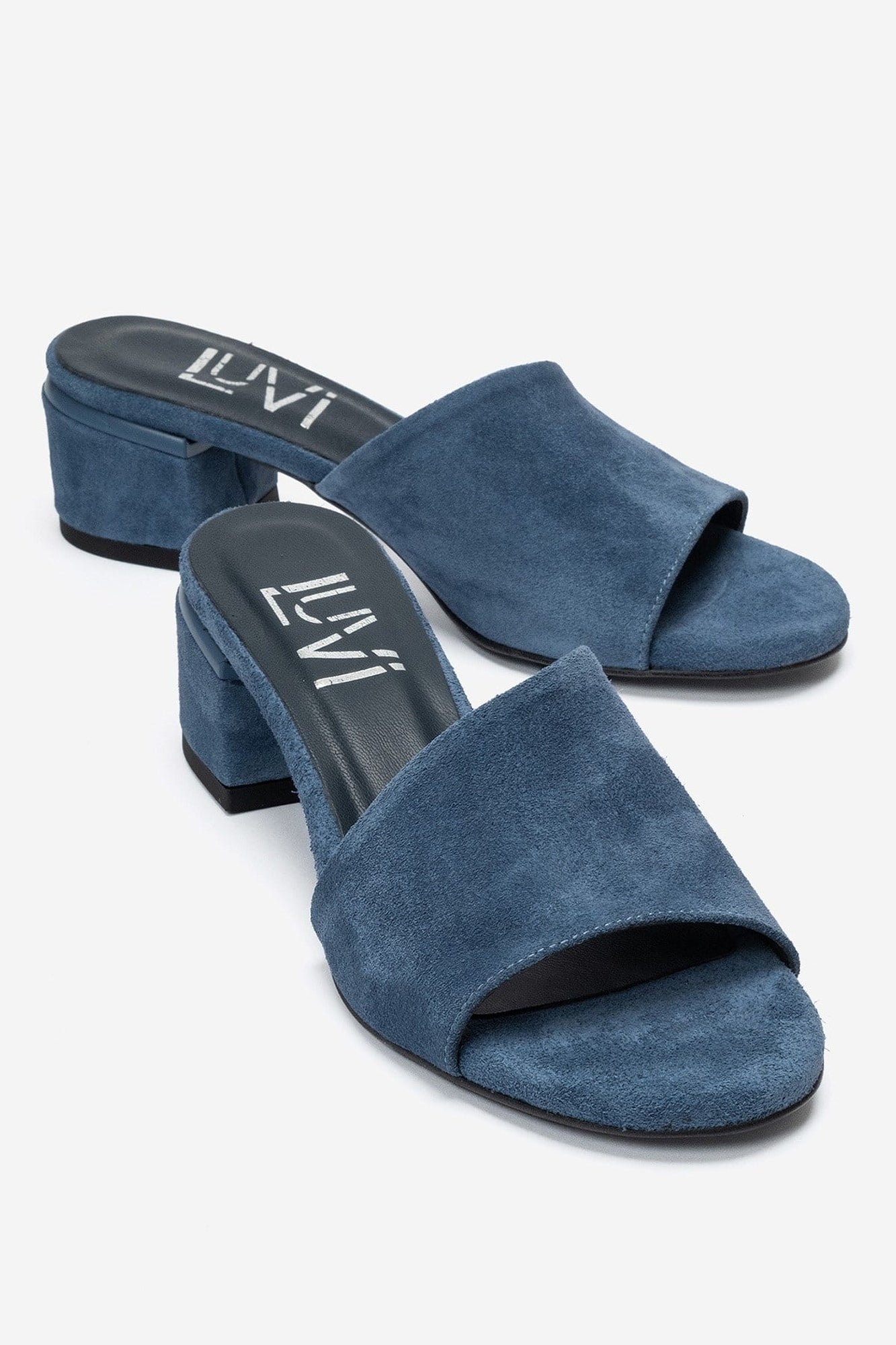 DELAVIE - Navy Genuine Leather Block Heel Mule (Women)