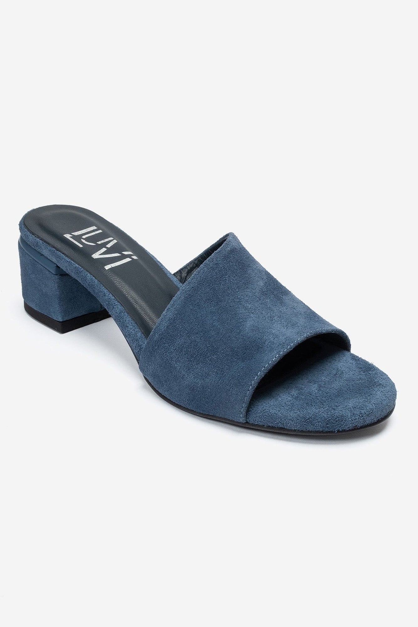 DELAVIE - Navy Genuine Leather Block Heel Mule (Women)