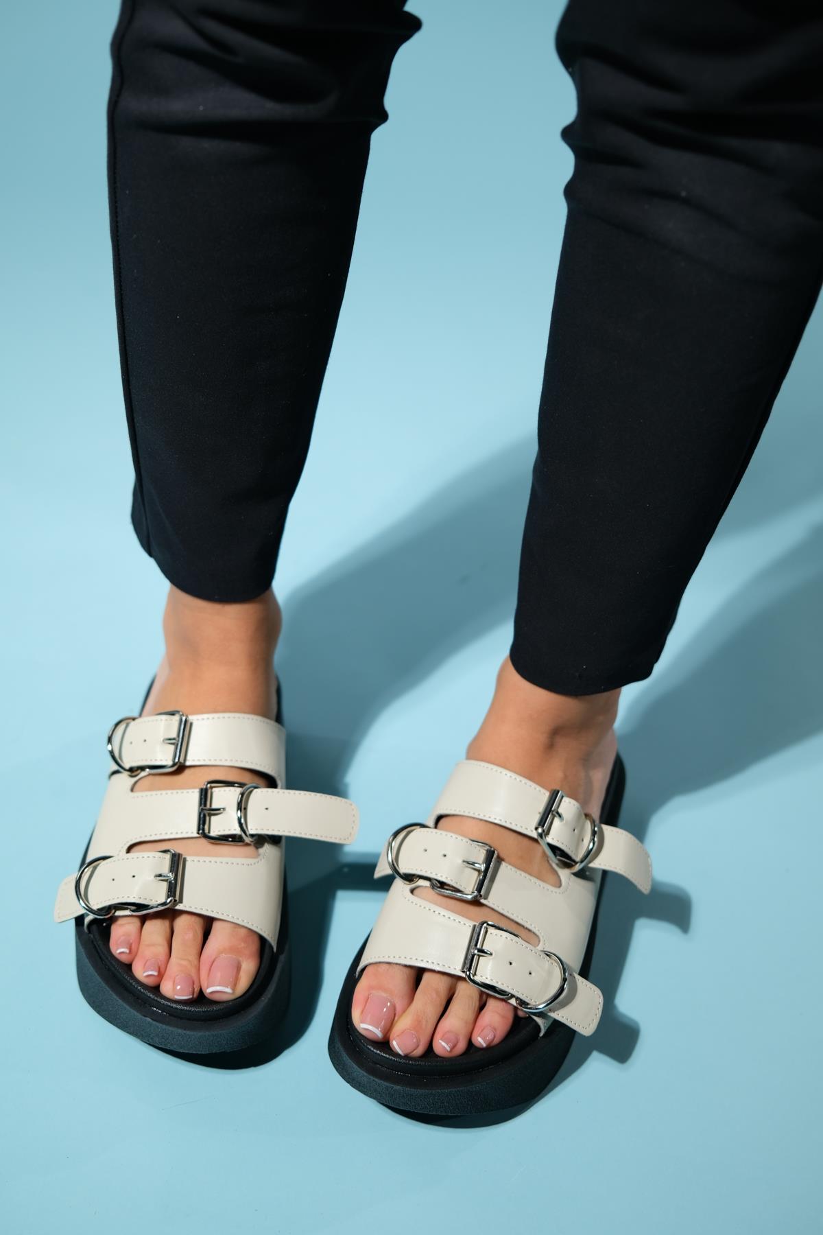 Olava - Beige Buckle Thick-Soled Slide (Women)