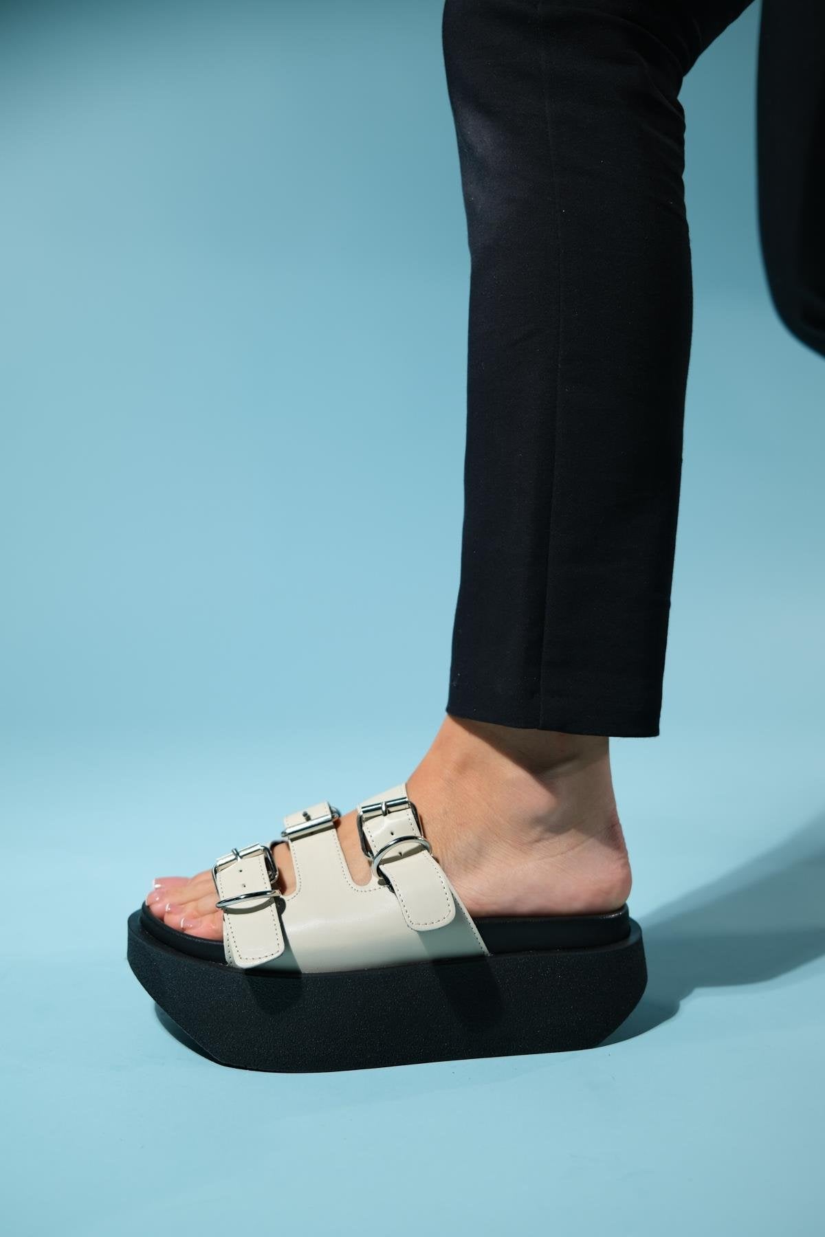 Olava - Beige Buckle Thick-Soled Slide (Women)