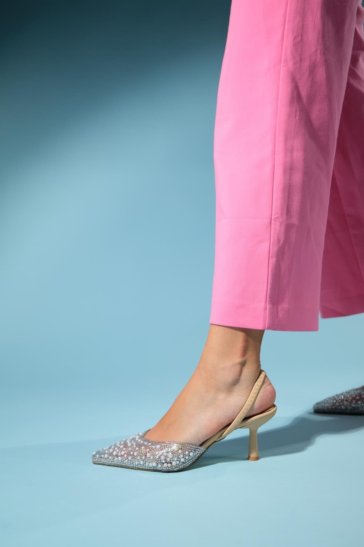 Perun - Beige Pearl-Embellished Transparent Thin Heel Dress Pump (Women)