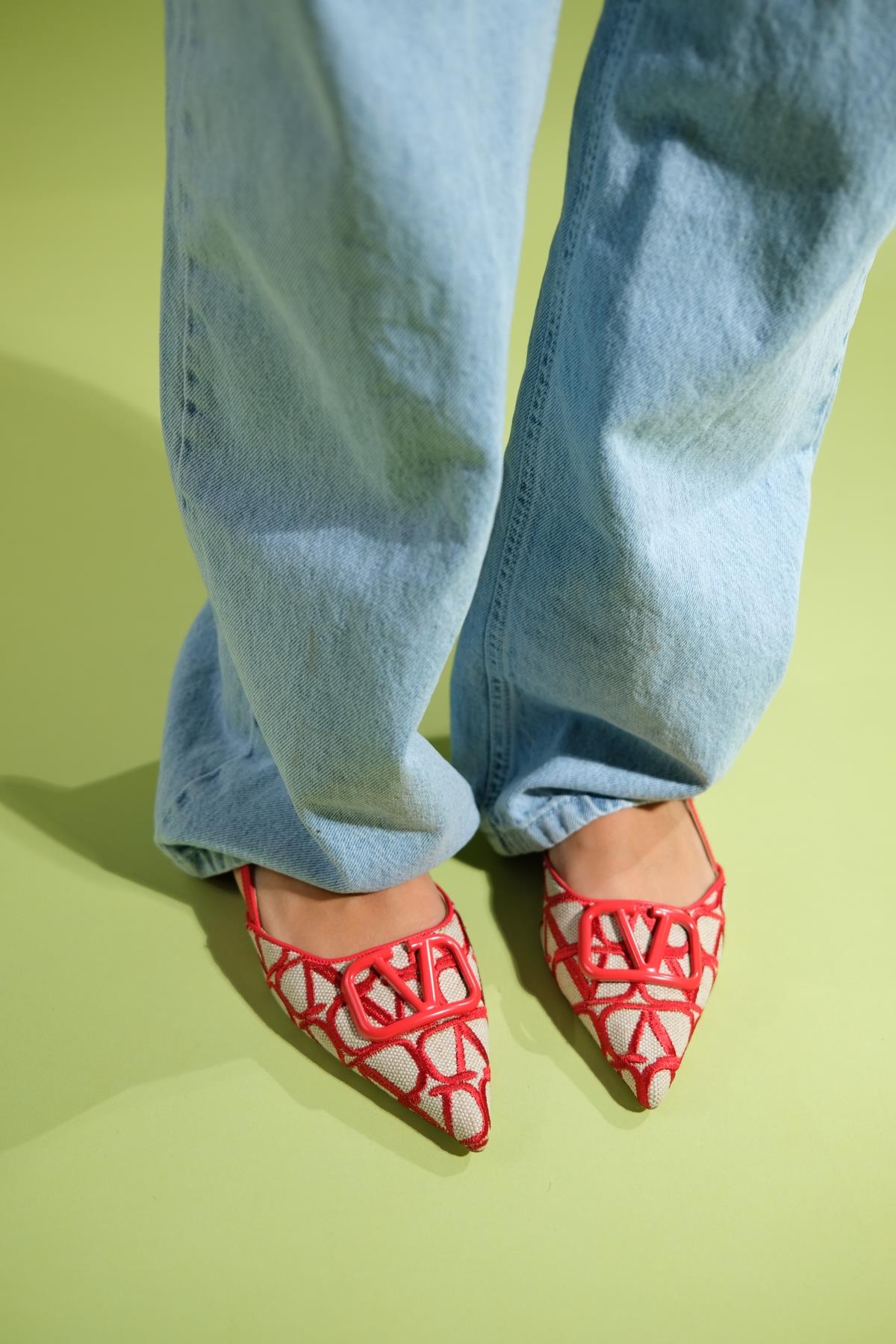 Pelops - Red Backless Pointed Toe Ballet Flat (Women)