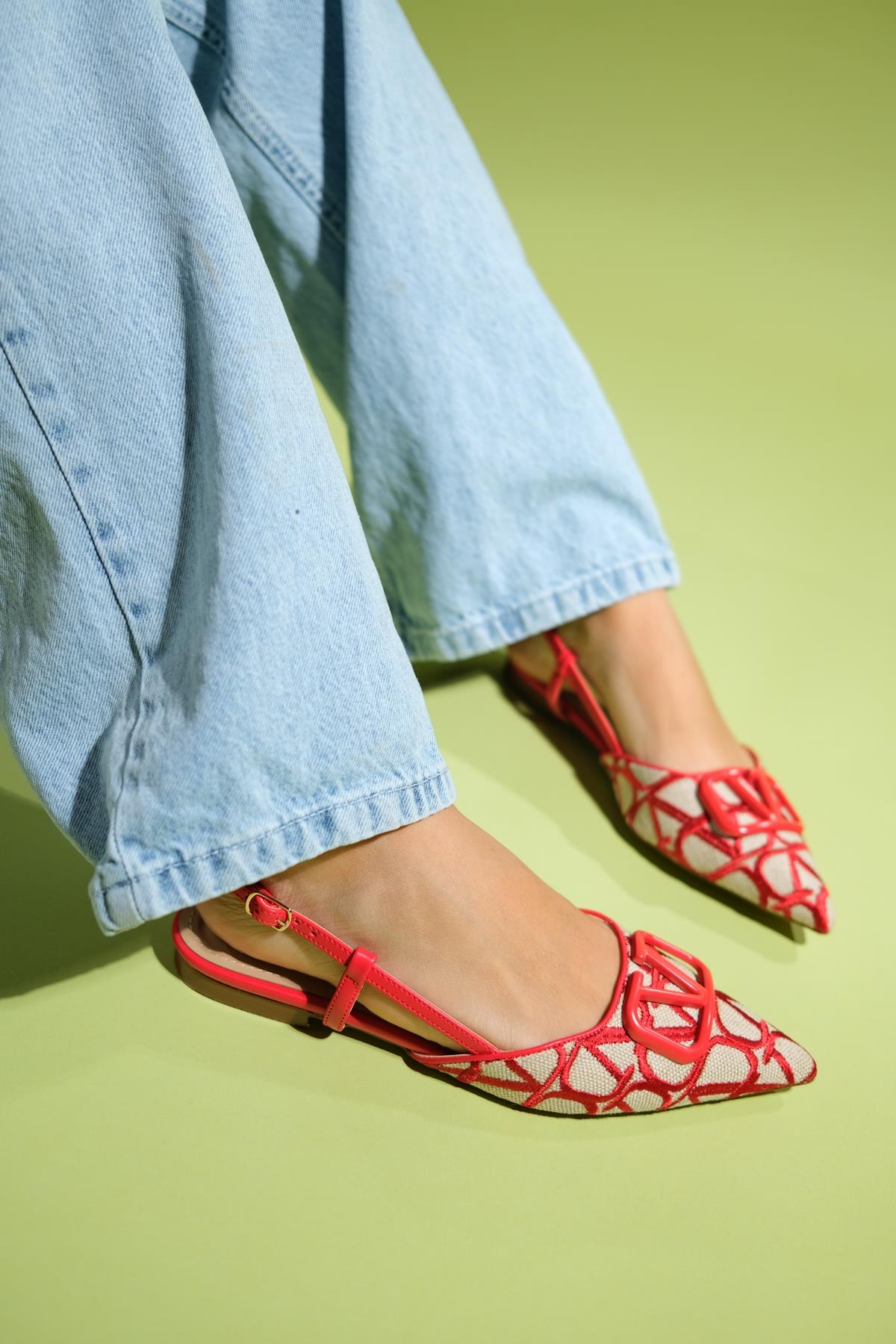 Pelops - Red Backless Pointed Toe Ballet Flat (Women)