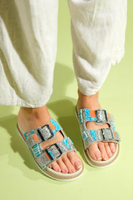 Lanso - Beige Jeweled Double Strap Slide (Women)
