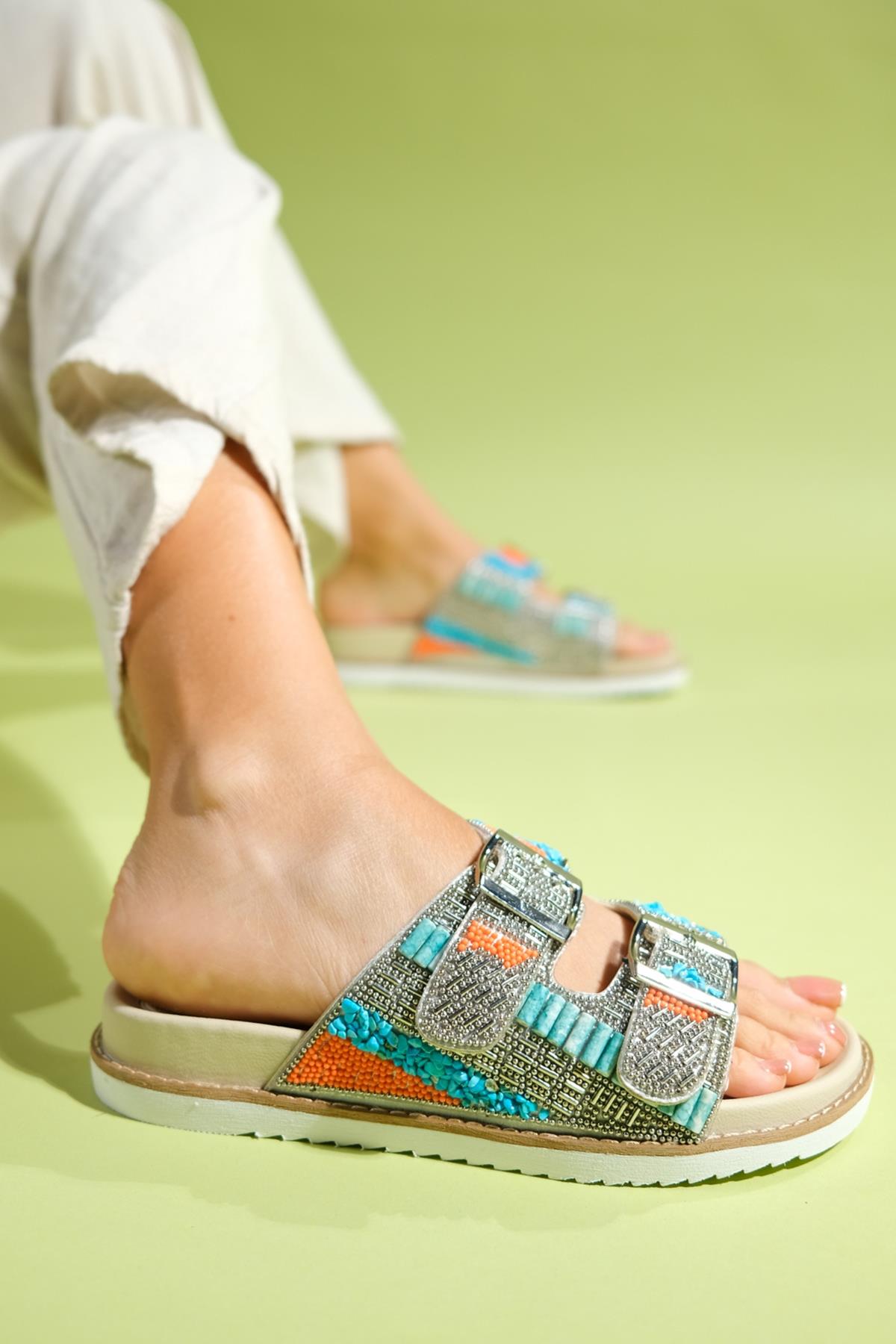 Lanso - Beige Jeweled Double Strap Slide (Women)