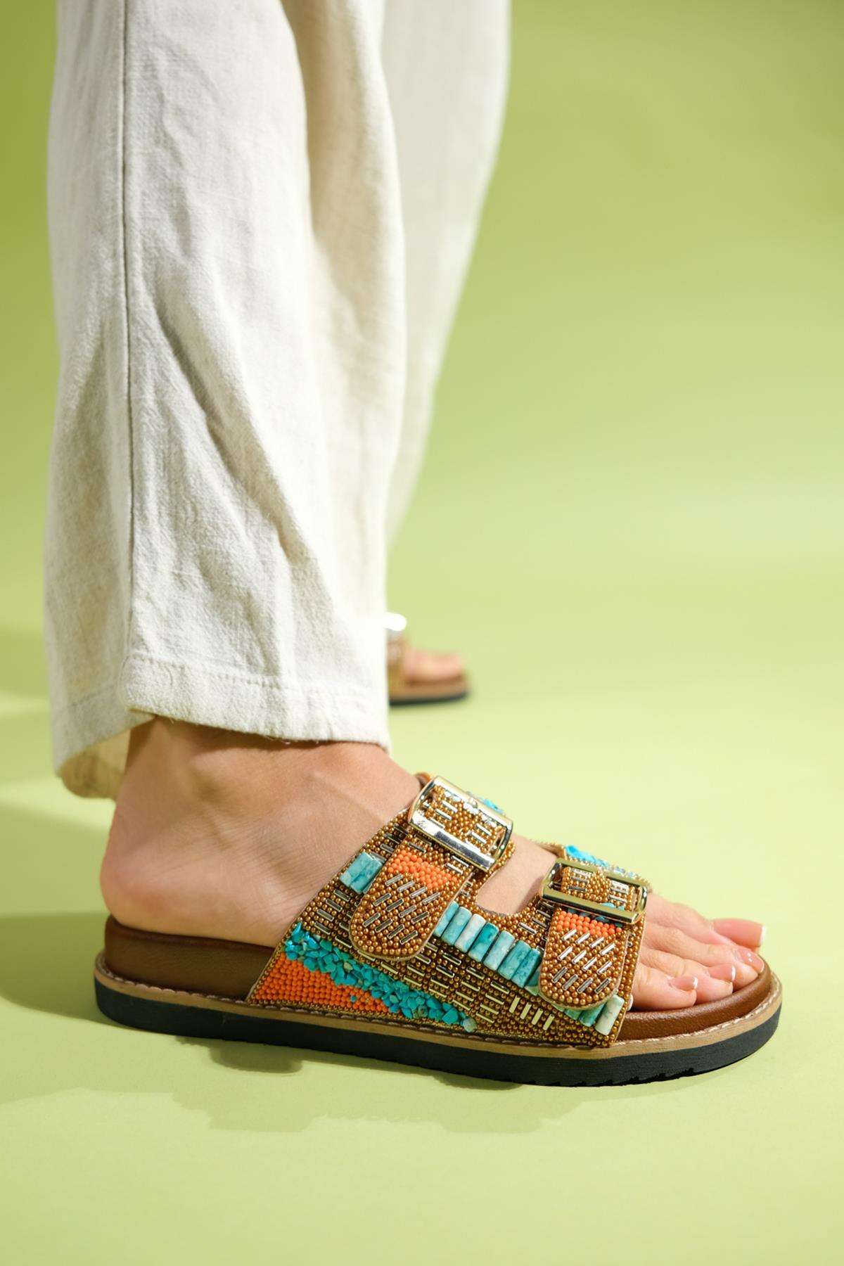 Lanso - Cognac Jeweled Double Strap Slide (Women)