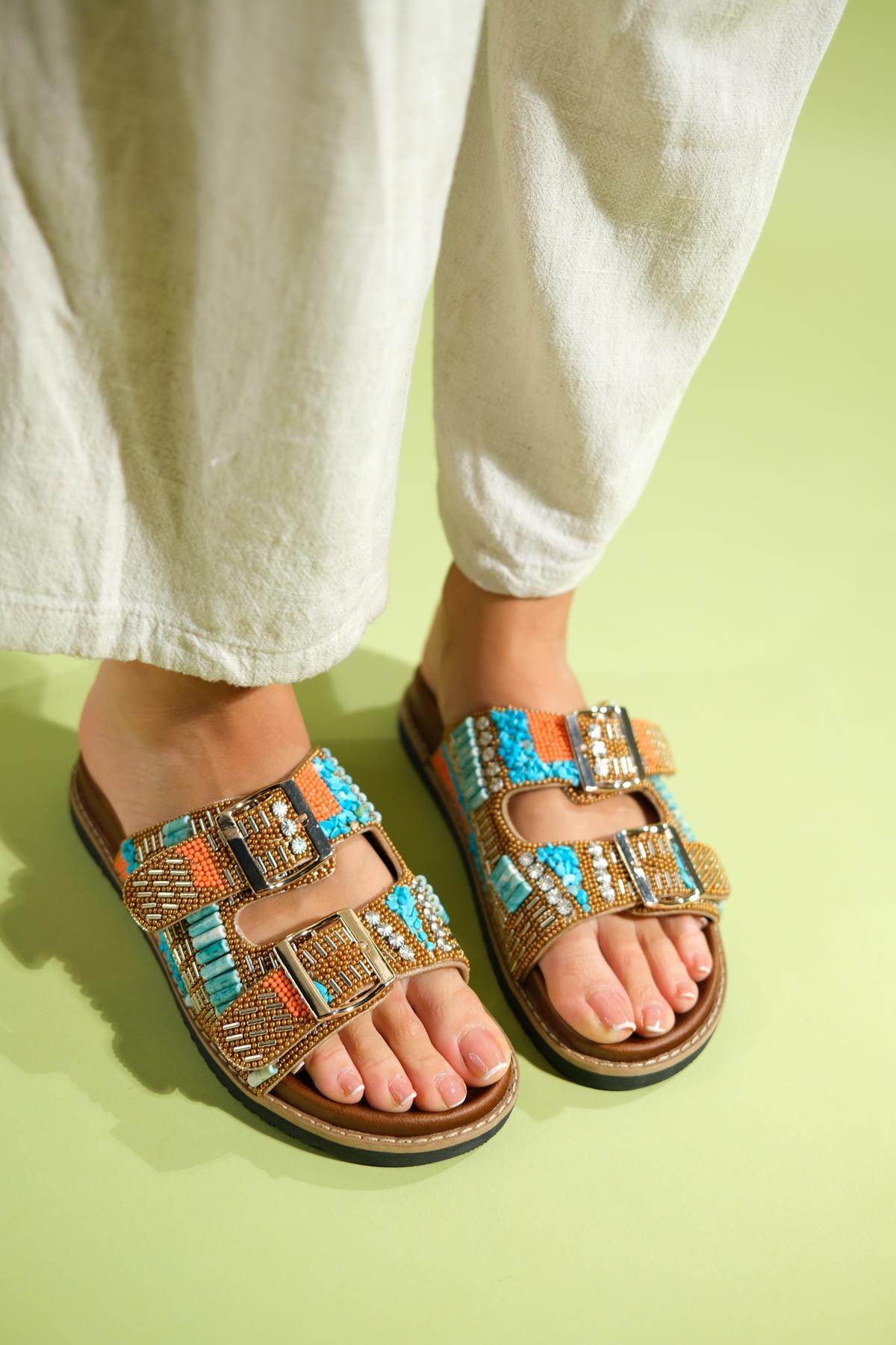 Lanso - Cognac Jeweled Double Strap Slide (Women)