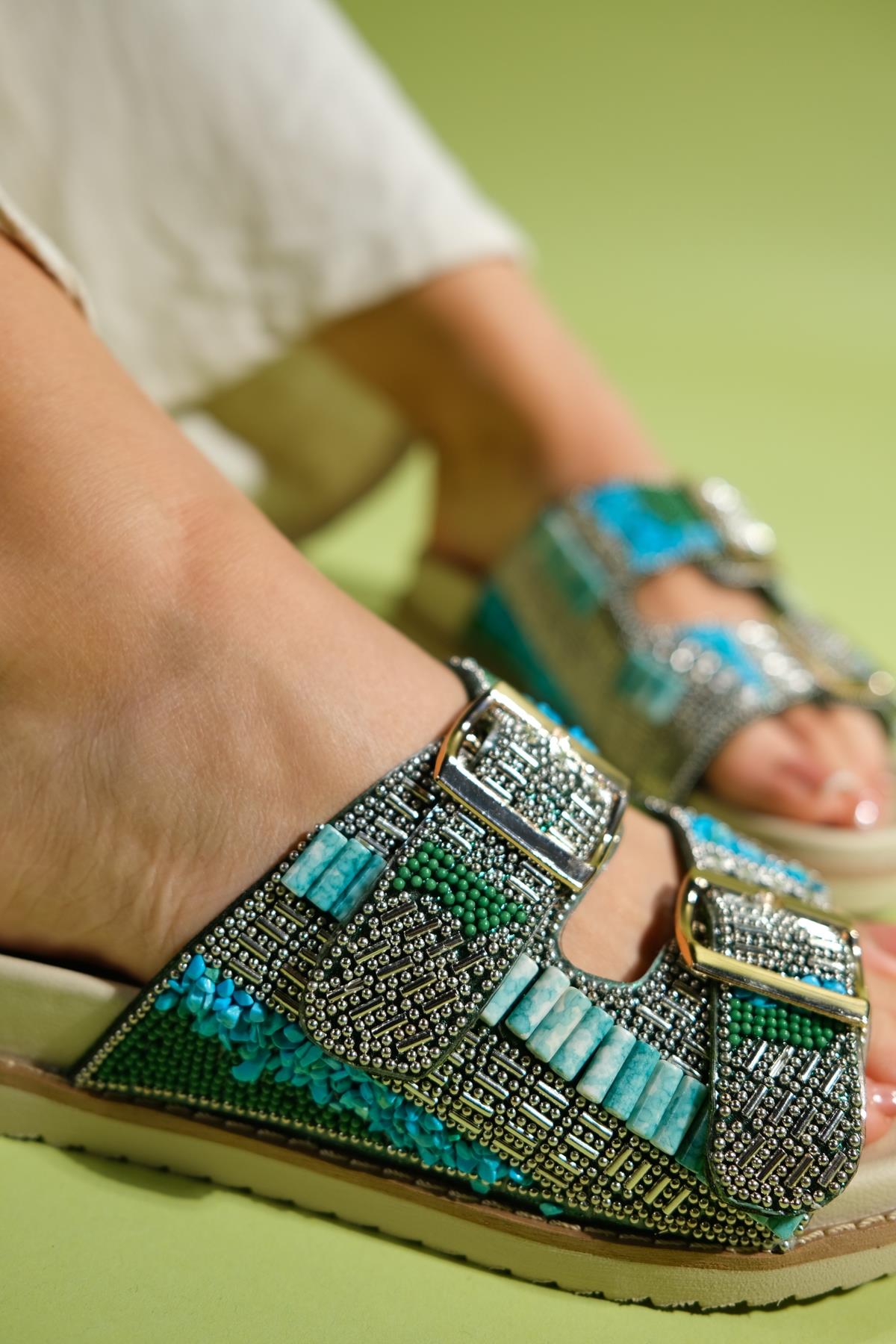 Lanso - Green Jeweled Double Strap Slide (Women)