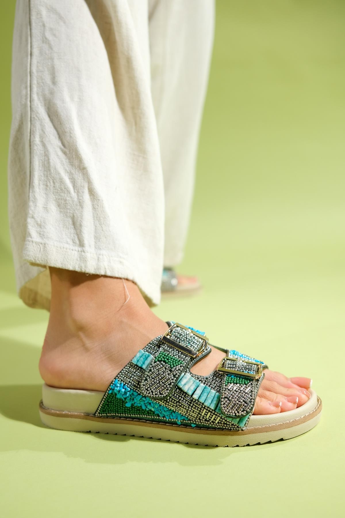 Lanso - Green Jeweled Double Strap Slide (Women)