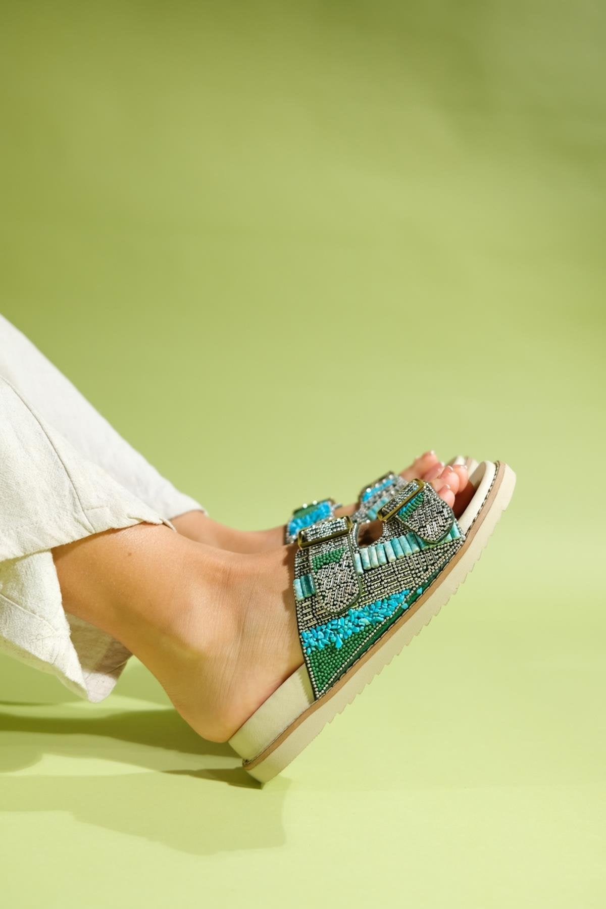 Lanso - Green Jeweled Double Strap Slide (Women)
