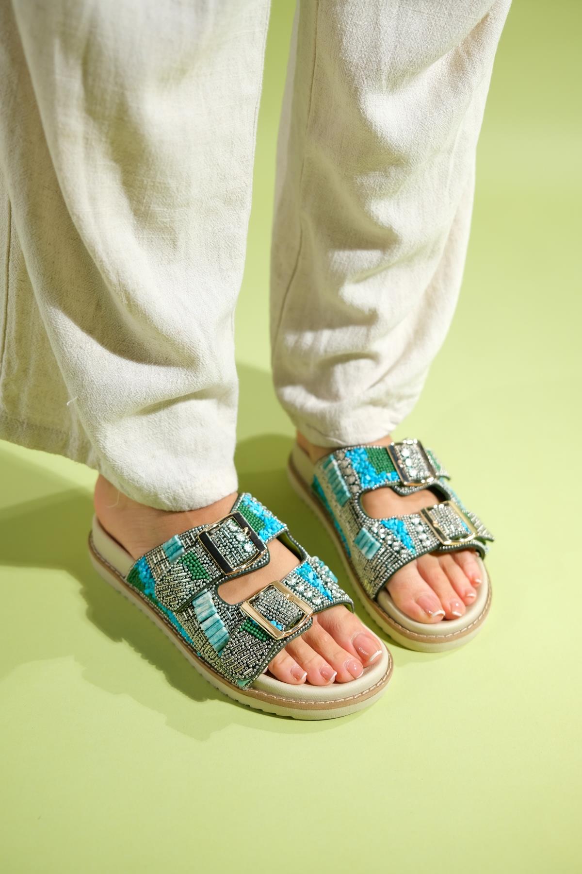 Lanso - Green Jeweled Double Strap Slide (Women)